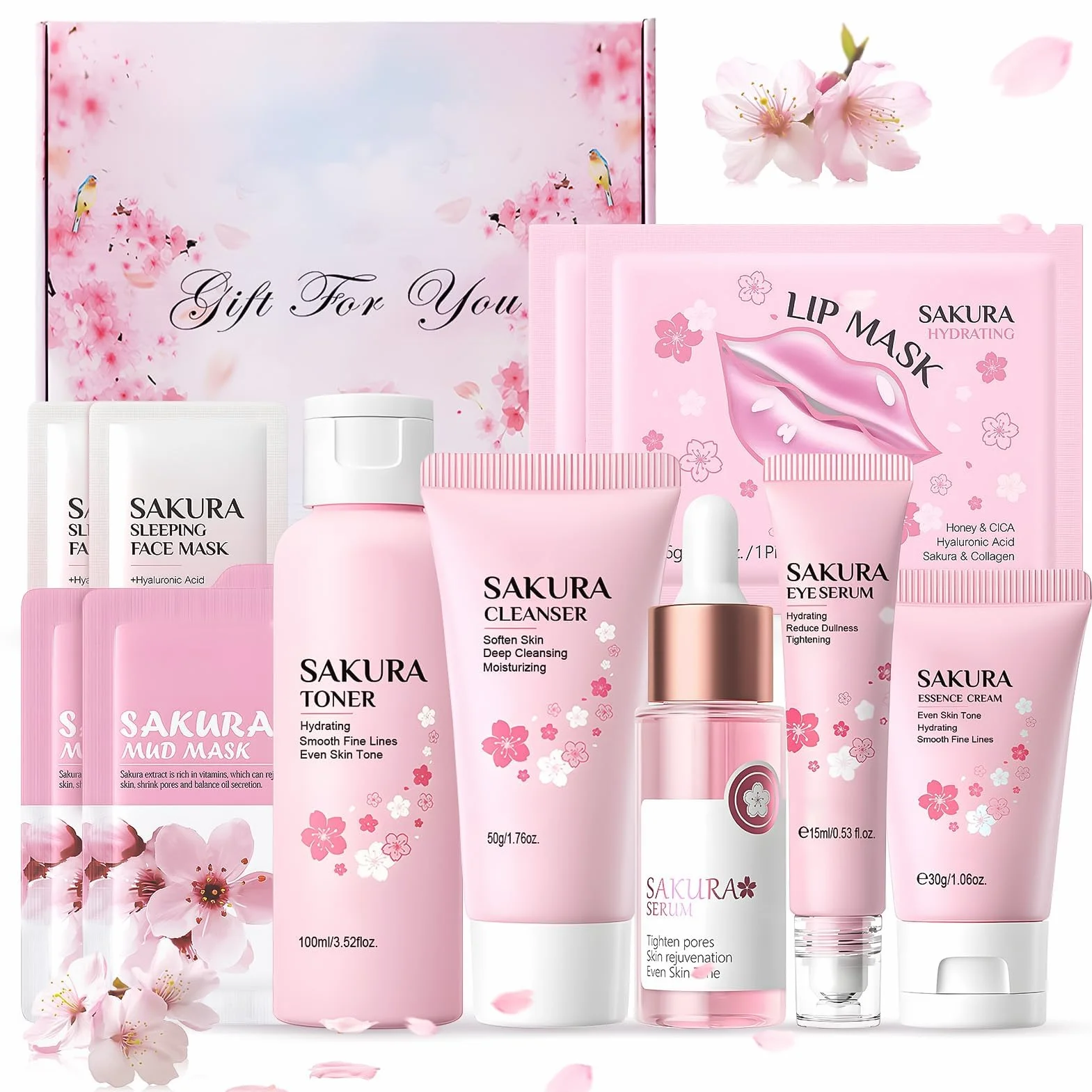 Coffret Soin Visage Femme Sakura Skincare Set Anti-âge 11 Pièces