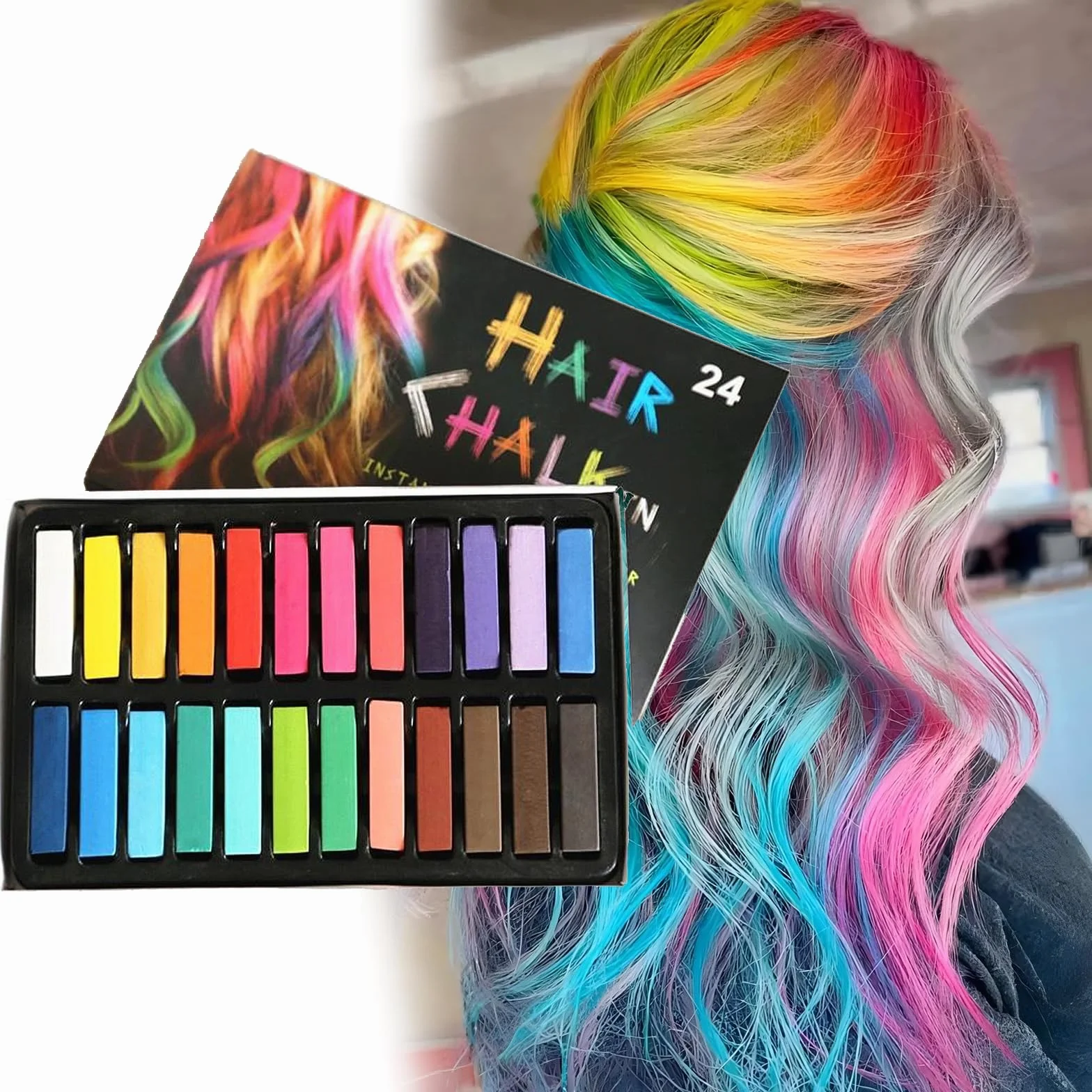 Crayons de Coloration Capillaire 24 Couleurs Craie Lavables pour Cheveux