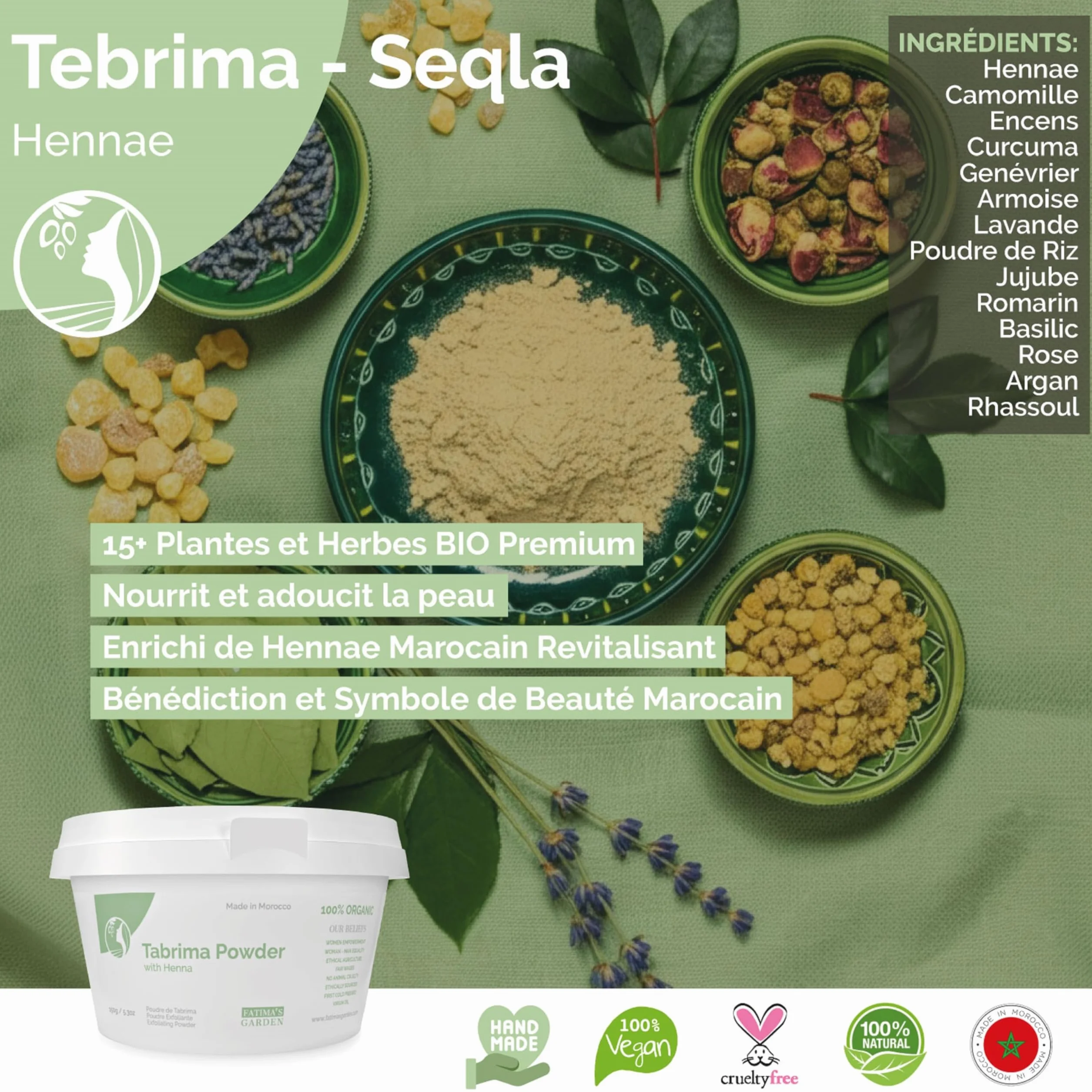 Fatima's Garden Exfoliant Hammam Marocain - Poudre Tabrima/Seqla Authentique pour Peau Douce et Éclatante - 150g