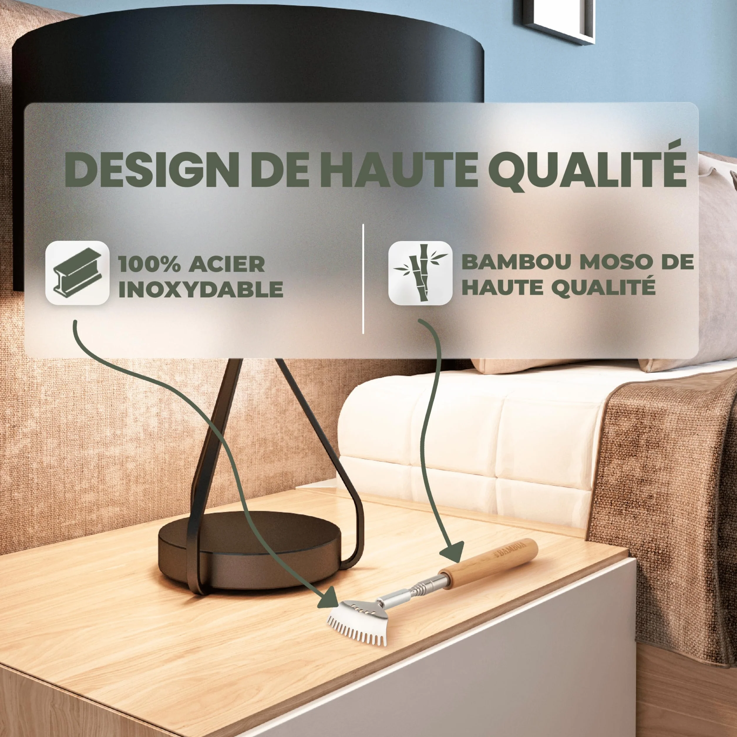 BAMBUA Gratte Dos Télescopique en Acier Inoxydable avec 5 Embouts - Manche en Bambou