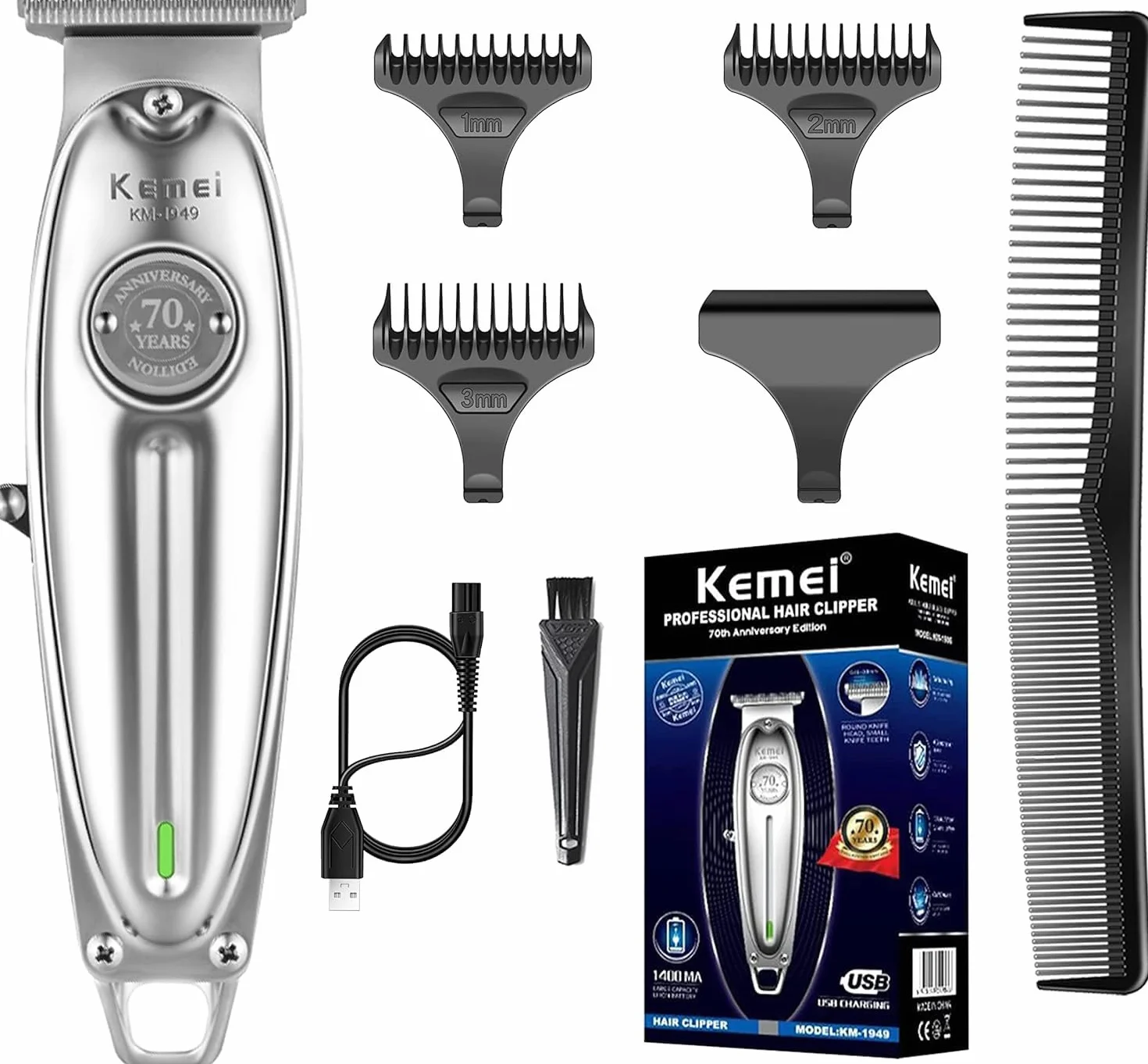KEMEI 1949 Argenté Tondeuse à Cheveux pour Hommes Sans Fil | Tondeuse à Barbe Professionnelle Sans Fil, Lame T, Clipper Électrique Coiffeurs, Stylistes, Toilettage Complet du Corps