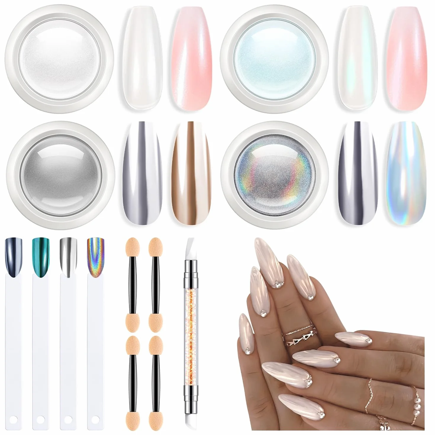 MODELONES Perle Poudre Ongles Blancs 13PCS Vernis Fards Poudre Métaux Brillants Nuanciers Ongles Palettes Yeux Stylo Détail