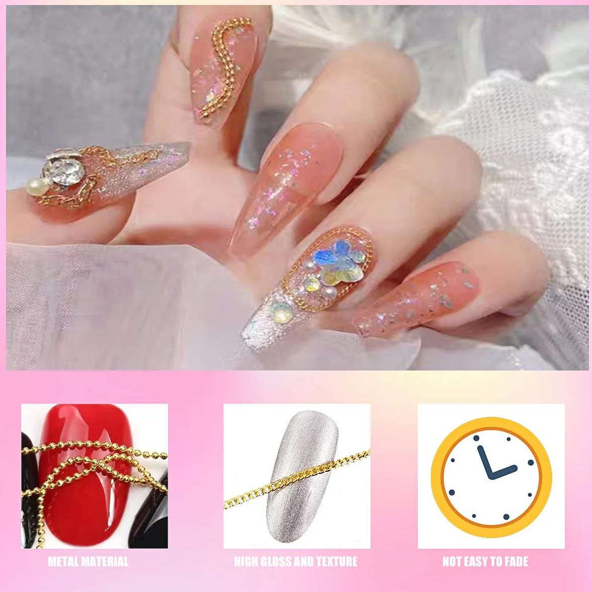 Lot de 4 chaînes à ongles métal doré argenté 1 m, pendentifs 3D nail art