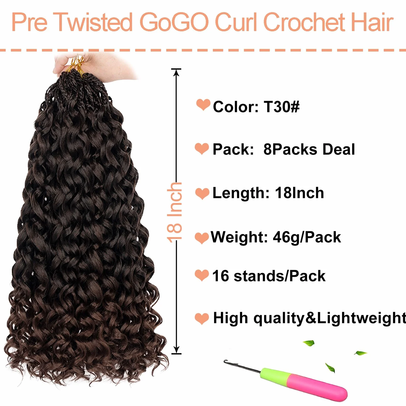 Gogo Curl Lot de 8 paquets de cheveux synthétiques pré-bouclés et ondulés au crochet pour femme Brun ombré 45,7 cm