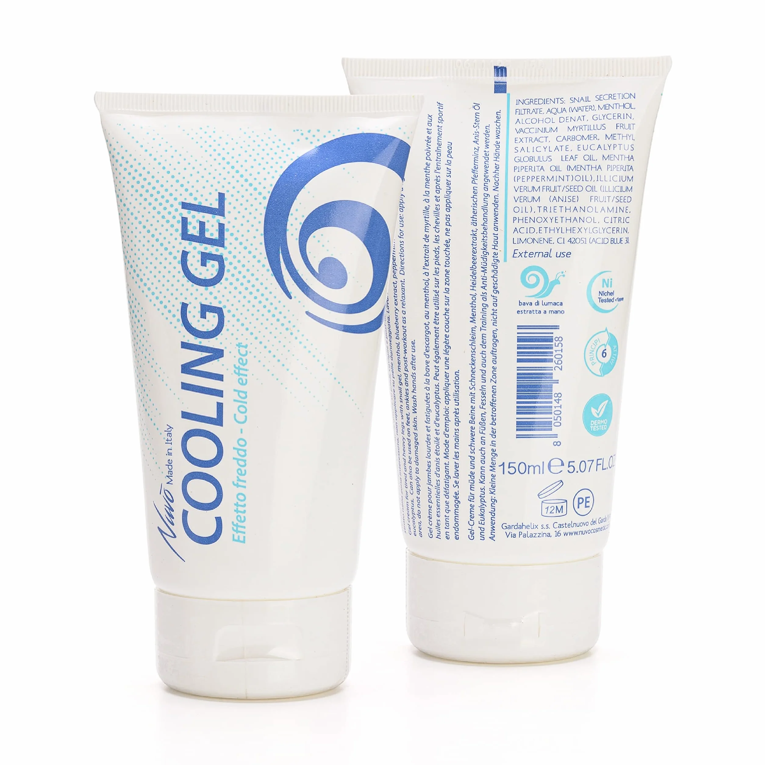 Nuvò - Crème Gel Rafraîchissant Pieds Chevilles Gonflées, Menthol, 150 ml | effet froid, bave d'escargot, menthol, eucalyptus et myrtille, stimule la circulation, Made in Italy