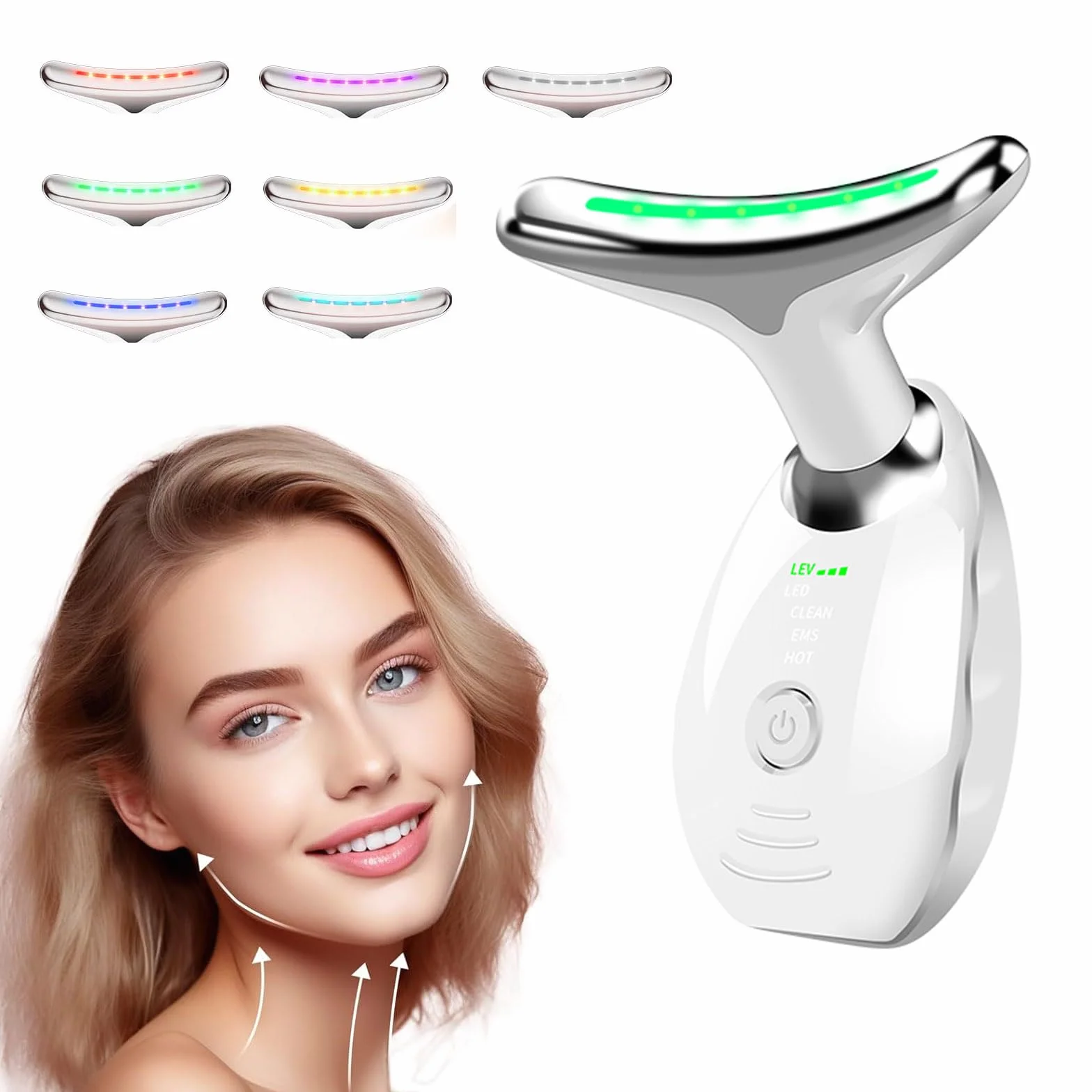 Masseur Visage Électrique, Appareil Anti-Rides à 7 Couleurs avec 3 Modes de Massage, Masseur Visage et Cou Vibrant pour Raffermissement et Douceur de la Peau (Blanc)