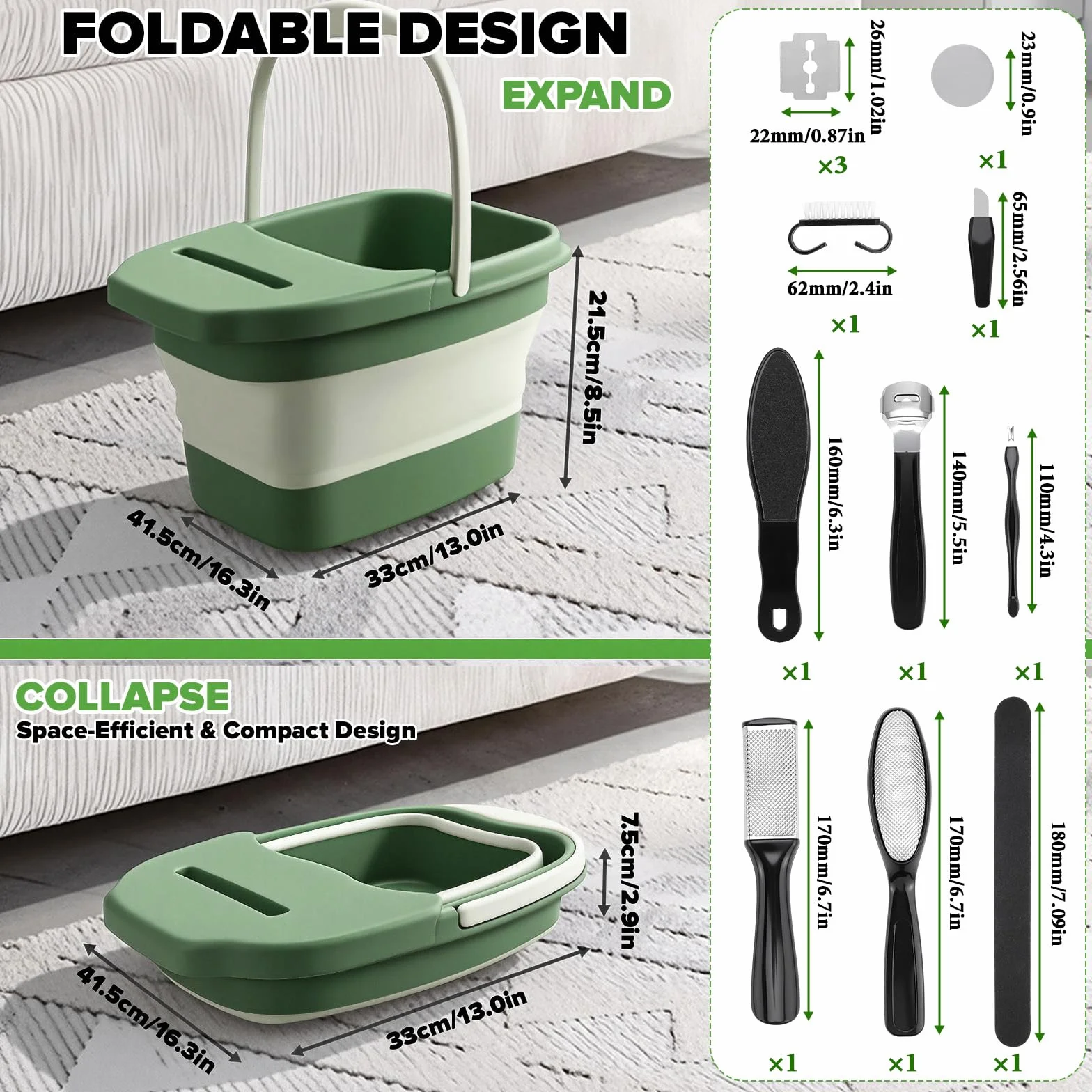 Baignoire pliable 10 en 1 avec fonction massage, limes à pieds en acier inoxydable et râpe pour callosités, bain de pieds pour pédicure professionnelle, bain de pieds bouillonnant pour soulager
