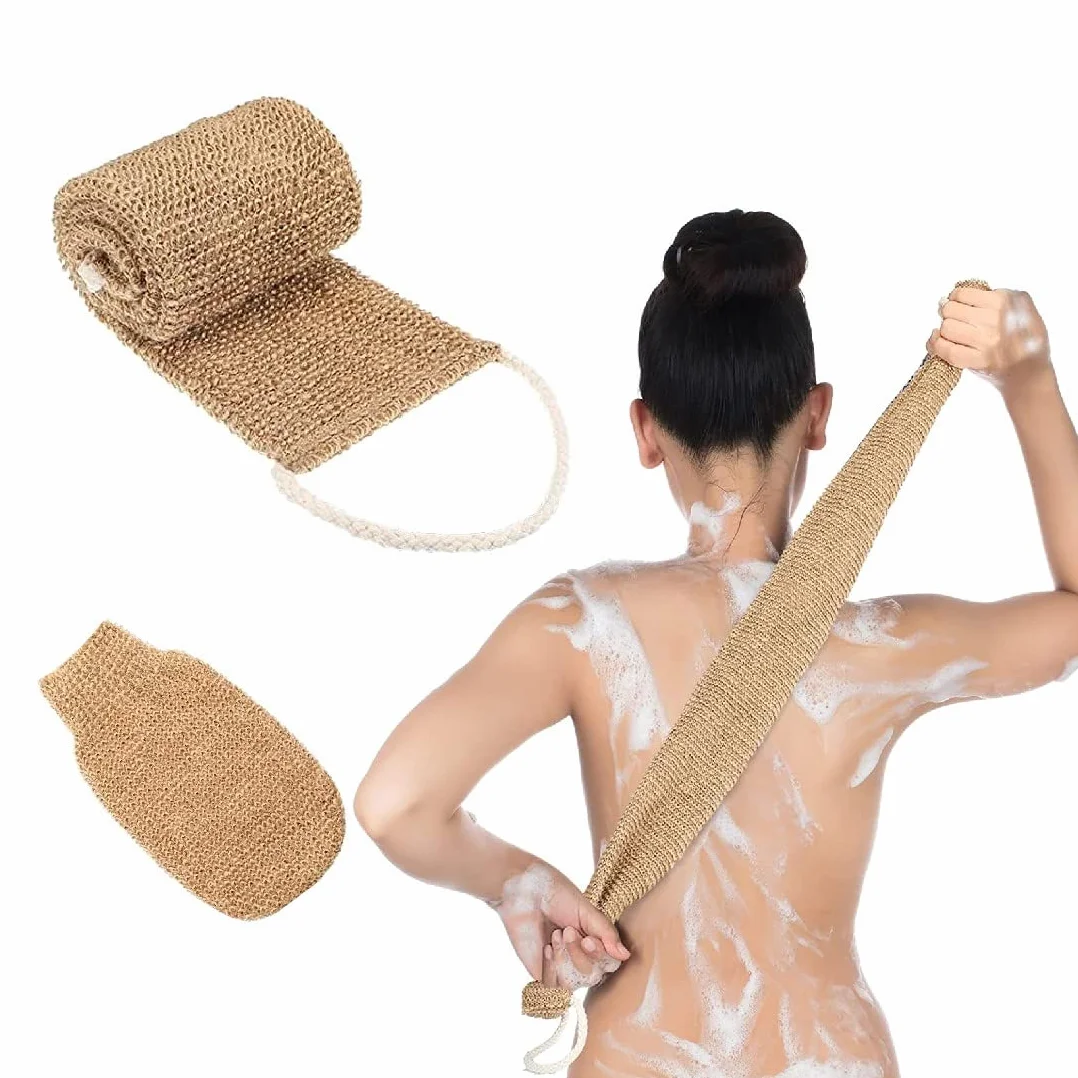 Sangle Lave Dos Eponge Exfoliante Dos Ceinture de Massage avec Gant Exfoliant Chanvre Naturelle pour Corps Femme Homme Bain Douche