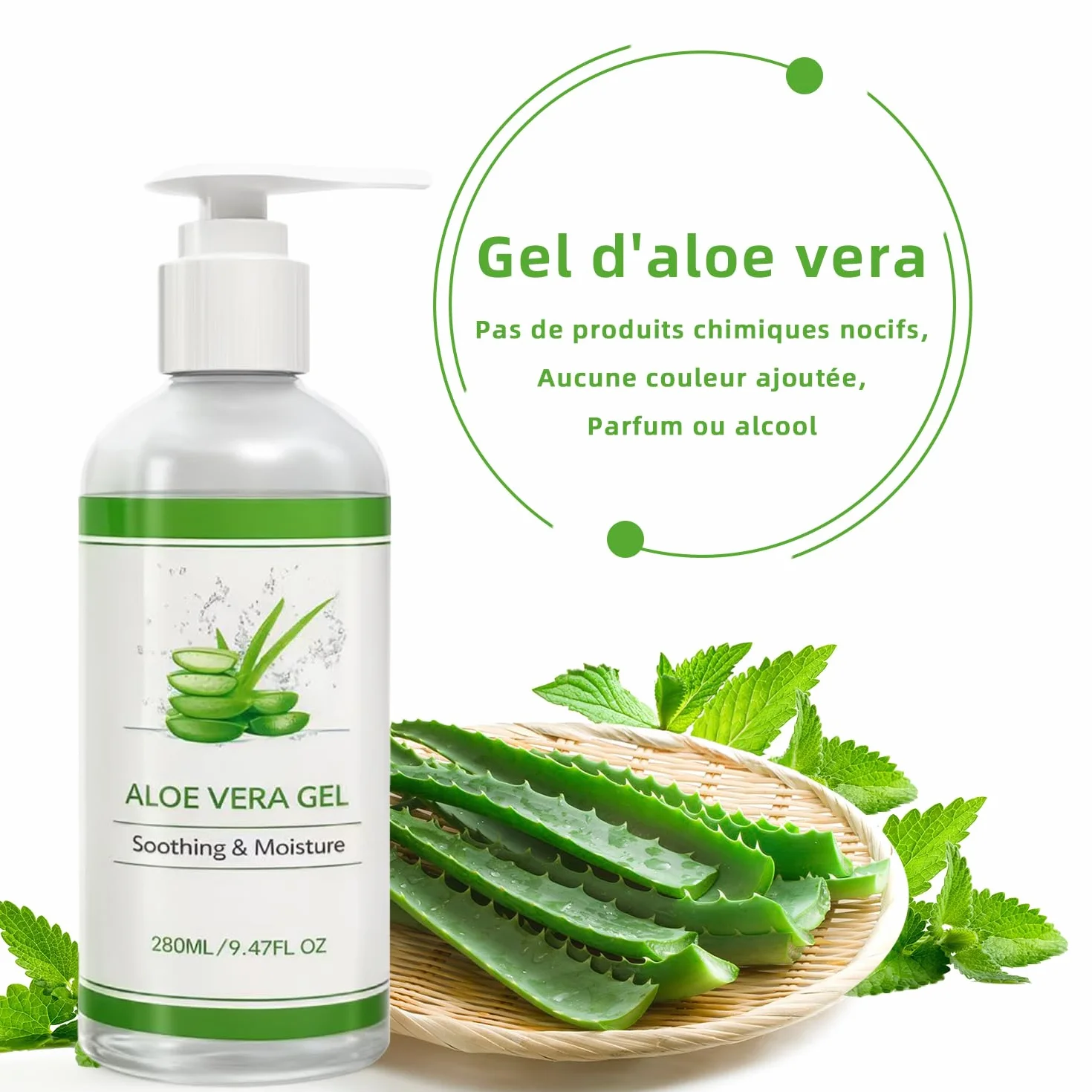 Gel d'Aloé Vera Bio Pur 280ml Hydratant Visage Cheveux Corps Après Soleil