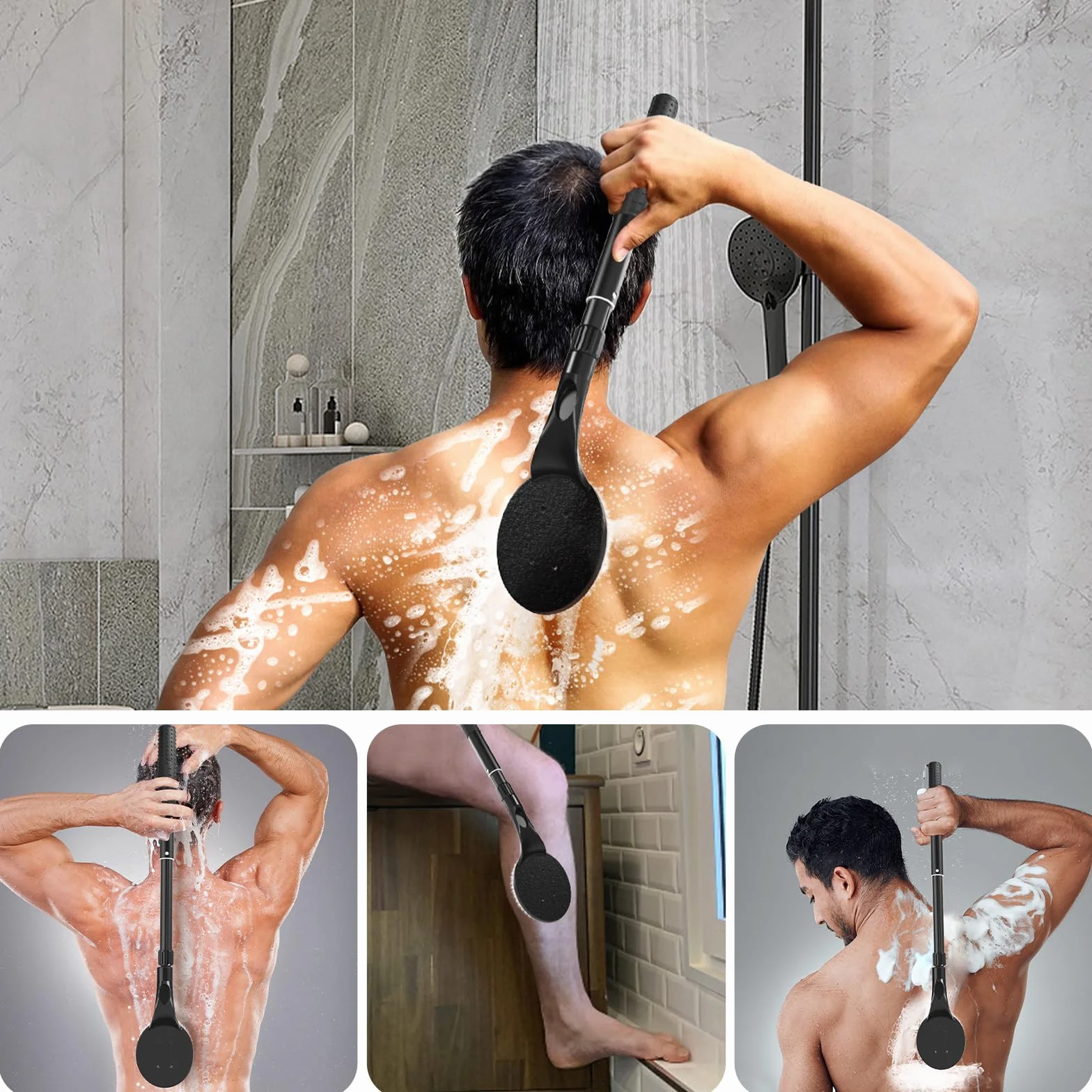 Gobiteli Brosse de douche pour le dos pour douche, 63,5 cm de long manche pour exfoliant le corps et nettoyage en profondeur, brosse à dos pour homme, femme et personnes âgées