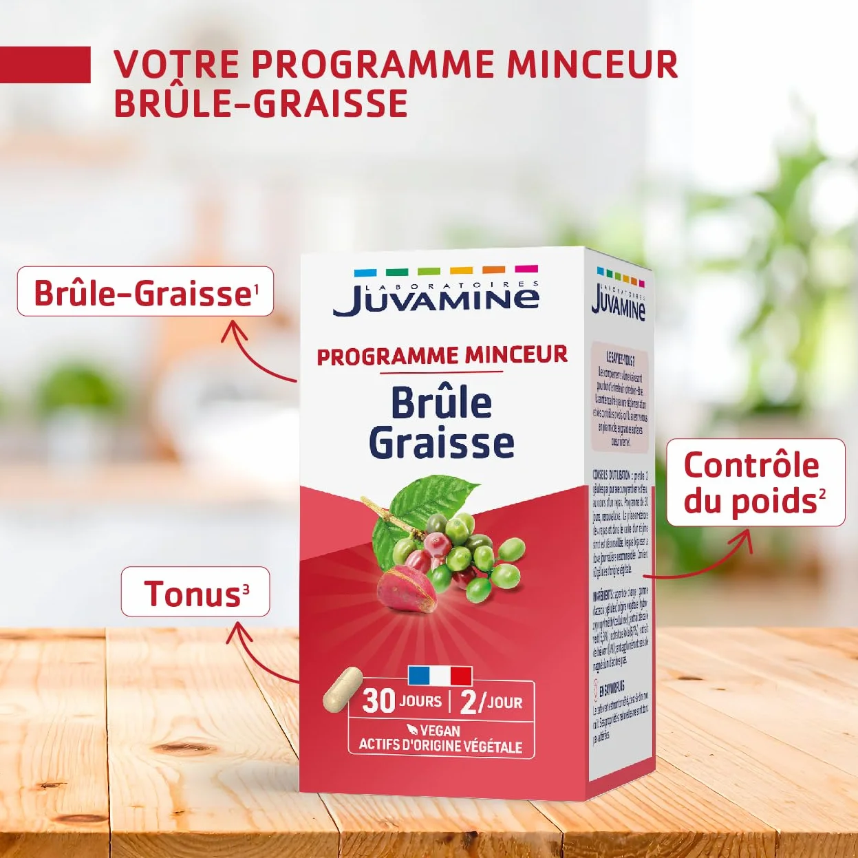 JUVAMINE Brûle Graisse Programme Minceur Thé Vert Kola Café Vert Vegan 60 Gélules Fabriqué en France