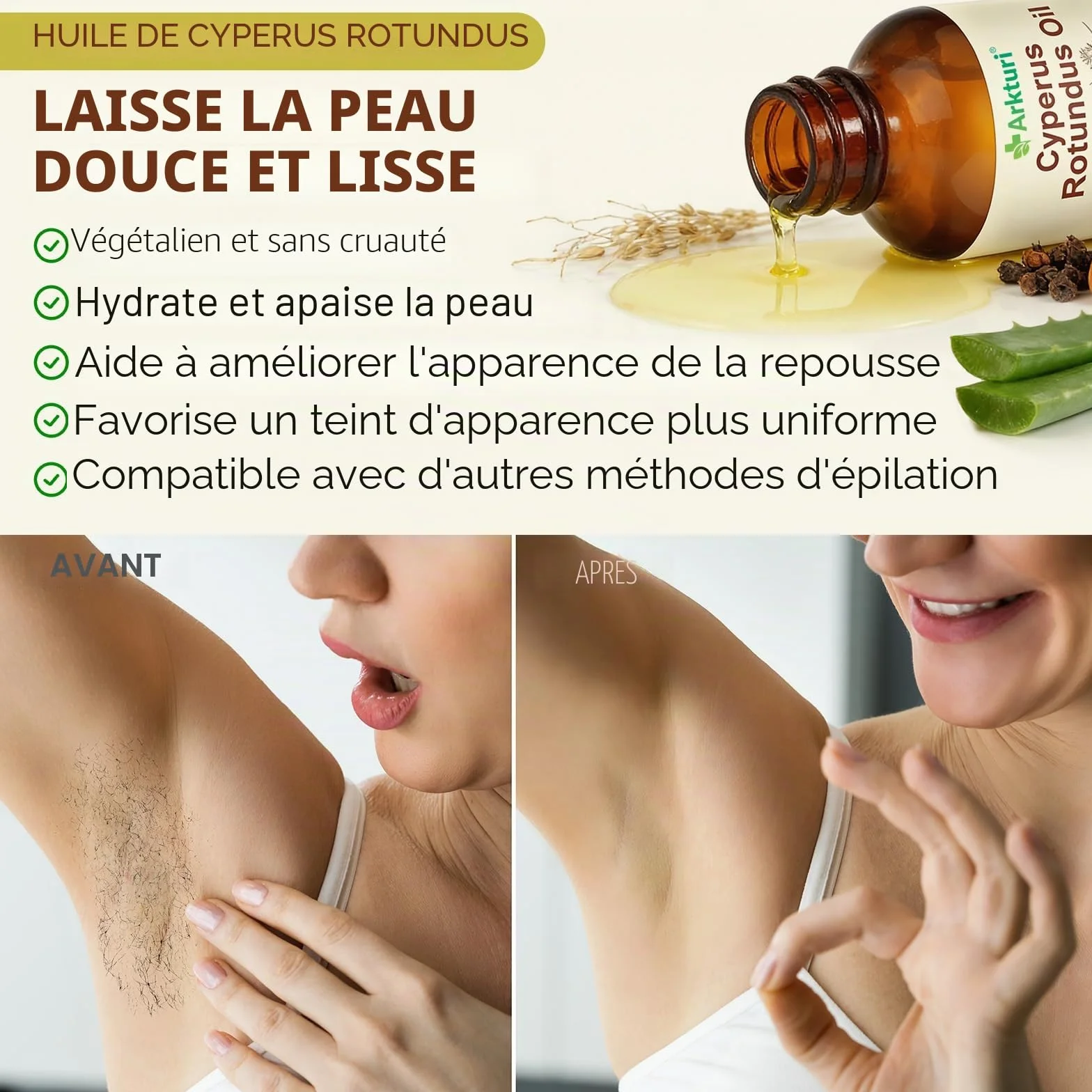 Huile de Souchet Anti Poils 60ml, Huile Cyperus Rotundus Oil, Huile Dépilatoire Naturelle