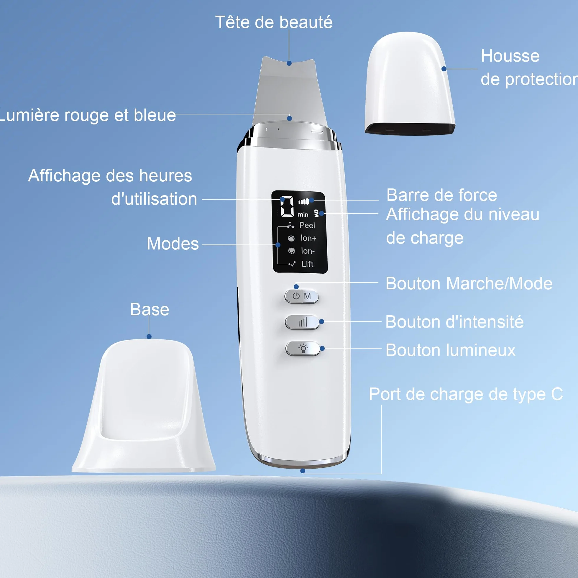 Épurateur de Peau à Ultrasons, Épurateur Visage Skin Scrubber avec 4 Modes et Intensité Réglable, Lumière Rouge et Bleue, Appareil de Nettoyage Exfoliant à Ultrasons
