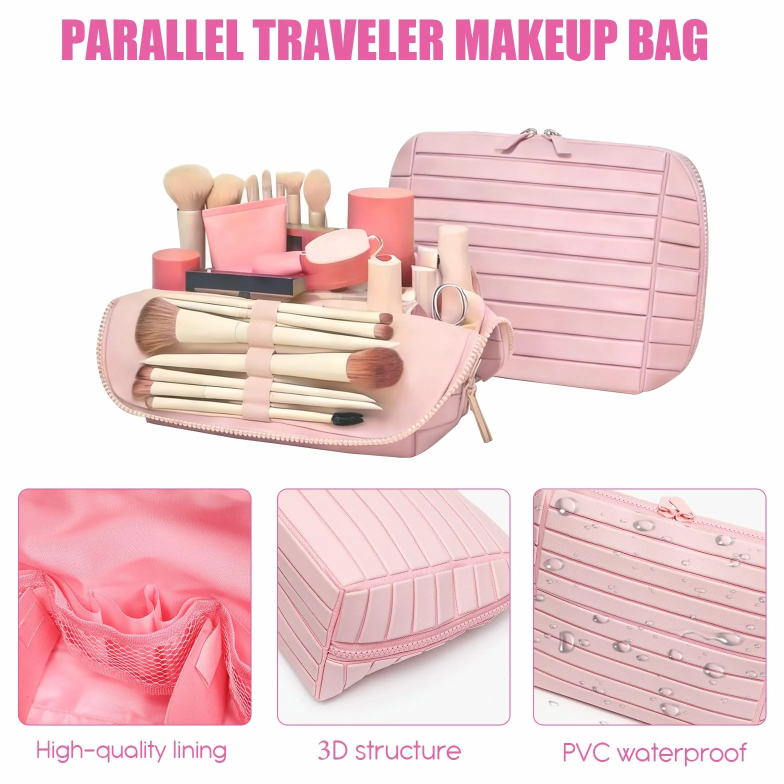Trousse de maquillage de voyage parallèle pliable étanche avec compartiments, marron