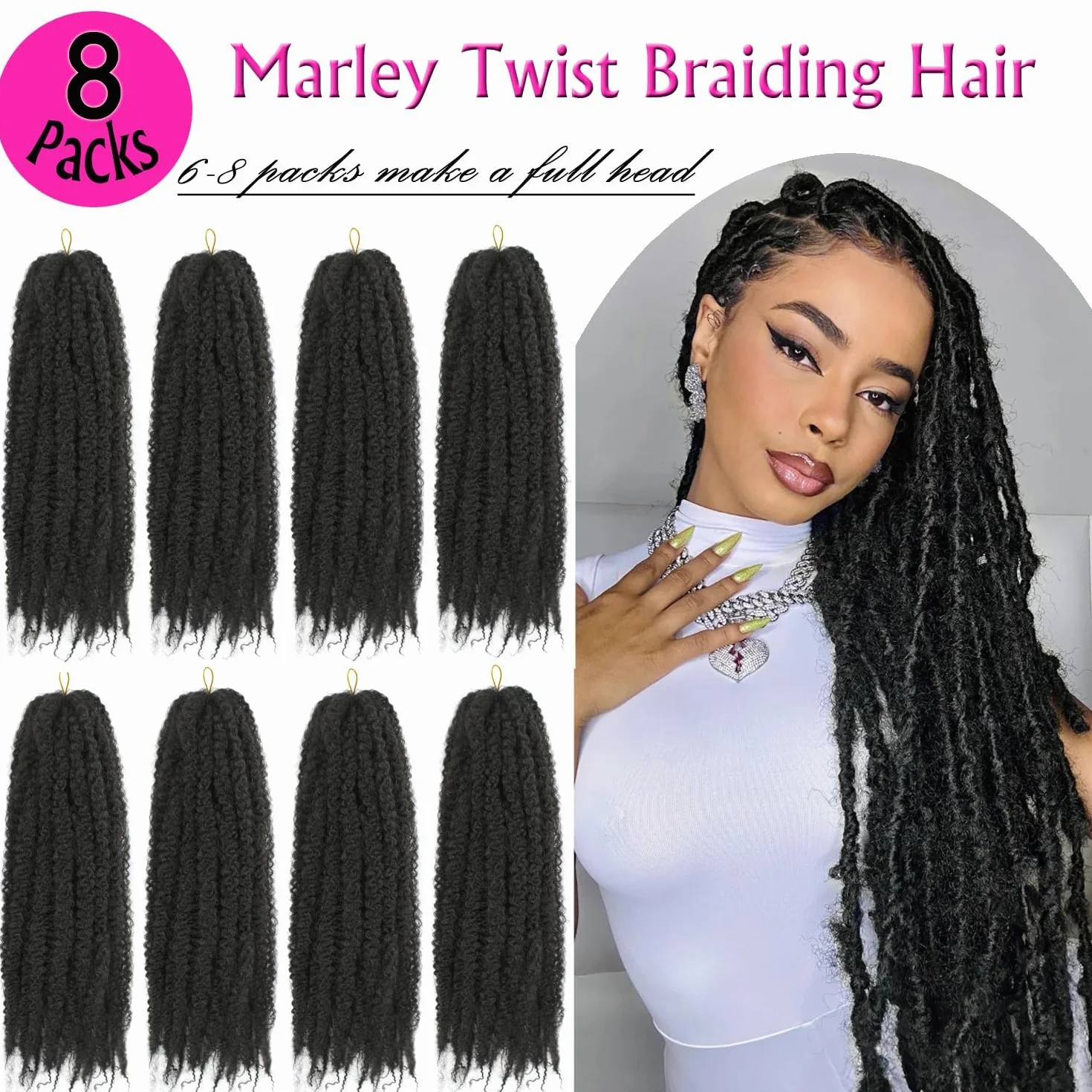 Enbeautiful Marley Twist Hair 24 Inch 8packs Marley Twists Braiding Hair Long Cuban Twist Hair Pre Fluffed Afro Kinky Curly Twists Crochet Hair Synthetic Marley Braids Extensions,1B#