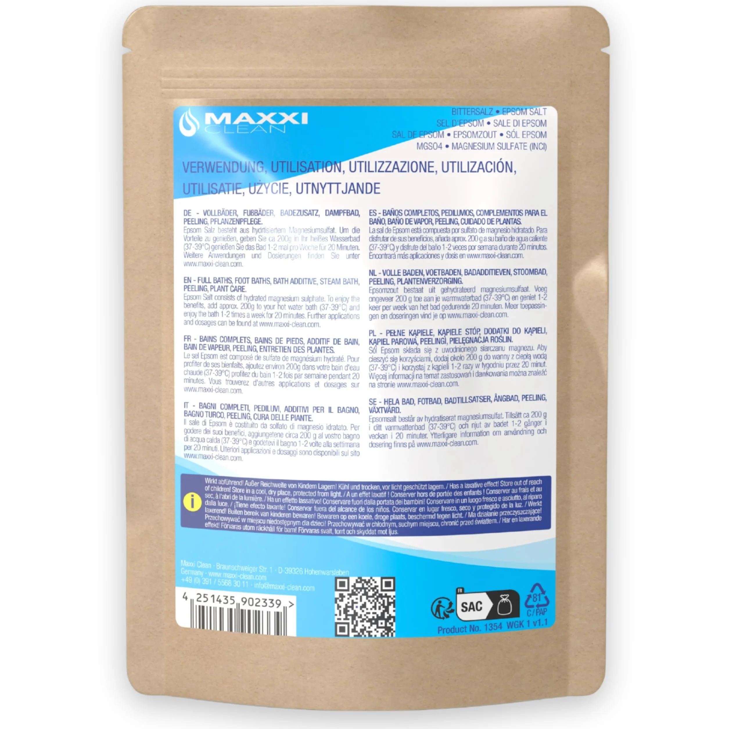 Maxxi Clean Sel d'Epsom 900 g Bain Bien-être Gommage Corporel Magnésium