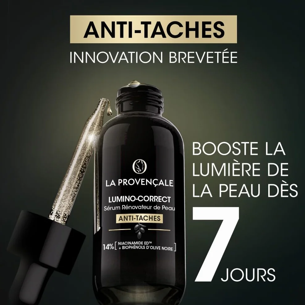 La Provençale Lumino-Correct Sérum Rénovateur de Peau Anti-taches Éclat Biophénols d'Olive noire Niacinamide 30 ml