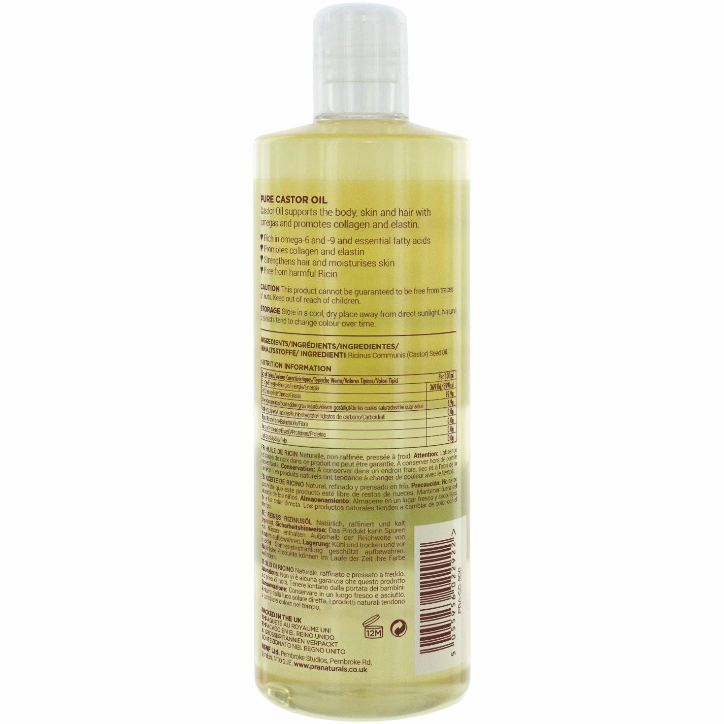 PraNaturals Huile de ricin pressée à froid 500 ml 100% naturel végétalien pure pour la croissance des cheveux et les cils