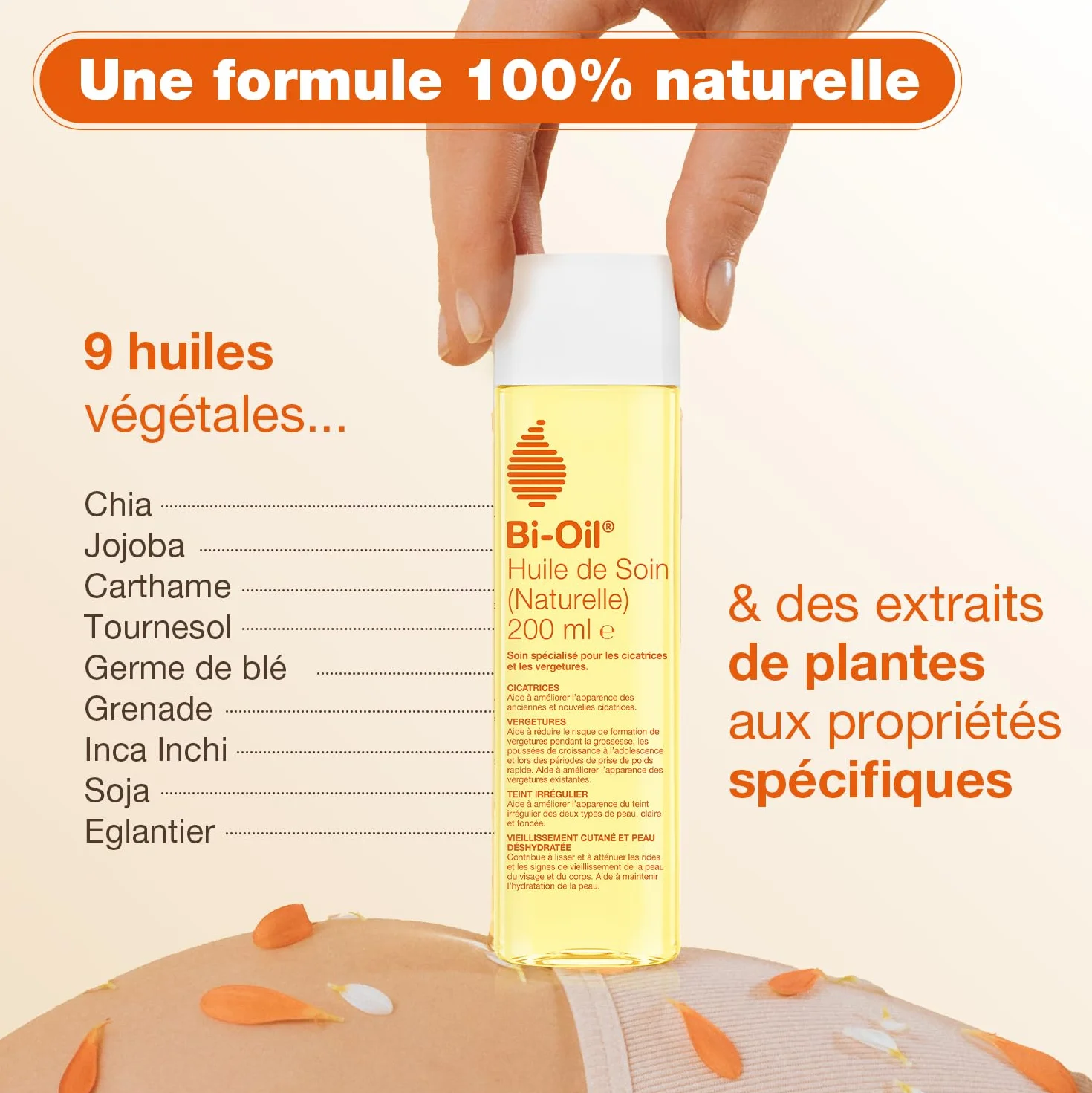 Bi-Oil Huile de Soin Naturelle pour Vergetures Cicatrices Peau Sèche Teint Irrégulier 125 ml