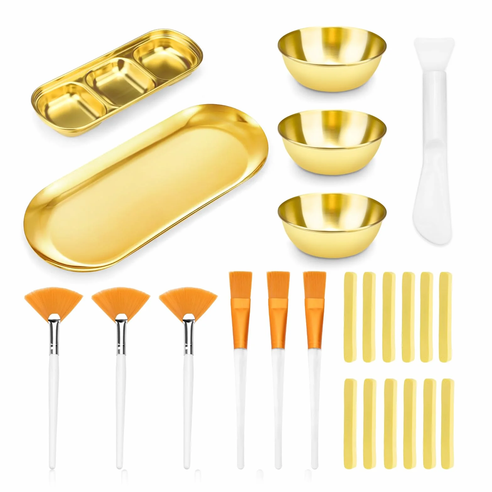 Lot de 24 bols et pinceaux pour le visage - Brosse plate, éventail, bols mélangeurs, plateau, spatule, éponge