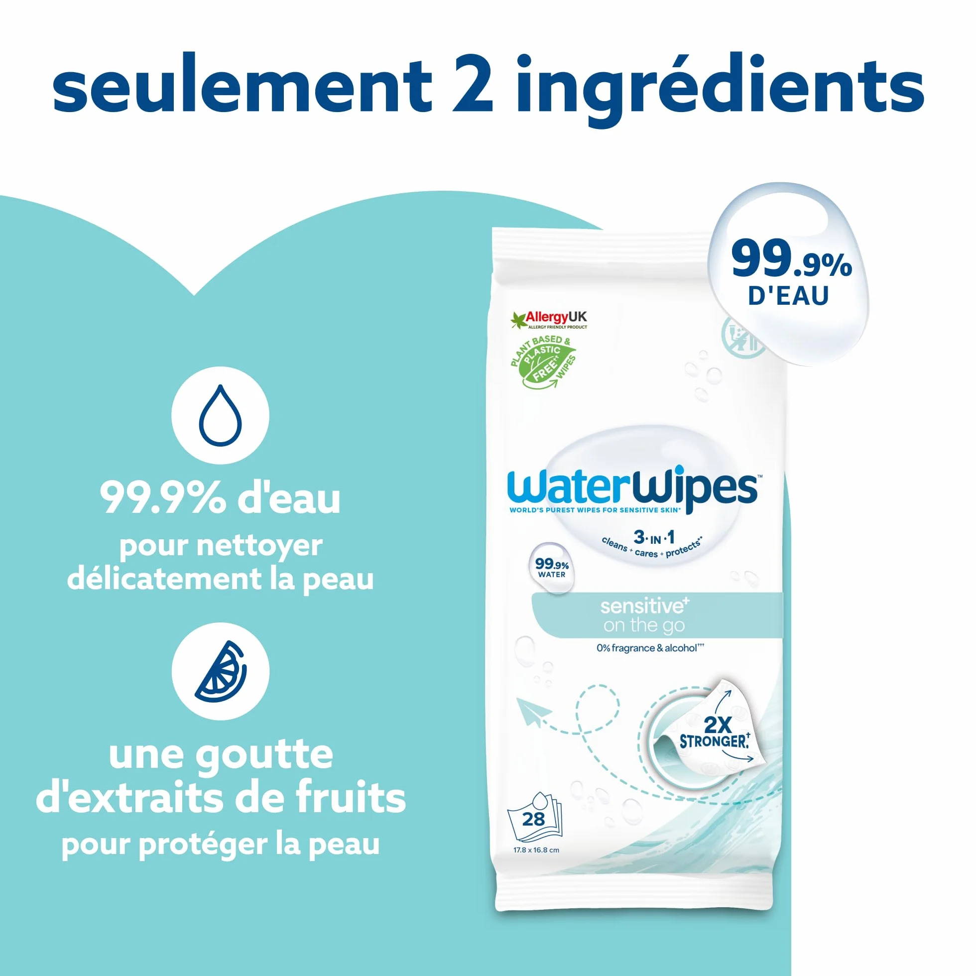 WaterWipes Sensitive+ Lingettes On The Go 224 unités 8 paquets 3-en-1 nettoie soigne protège 99,9% d'eau non parfumées