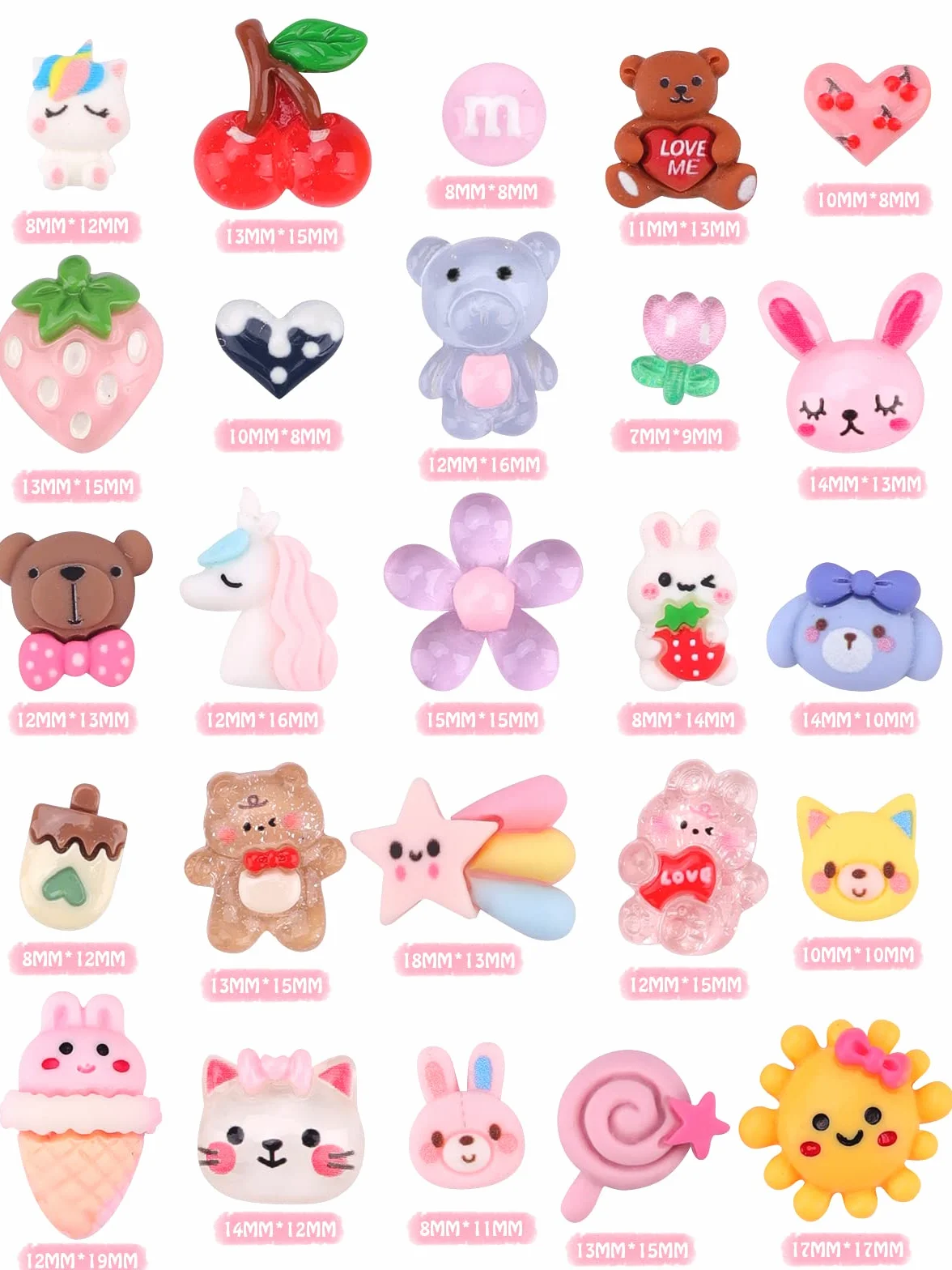 Lot de 100 breloques à ongles Kawaii en résine à dos plat pour fabrication de bijoux