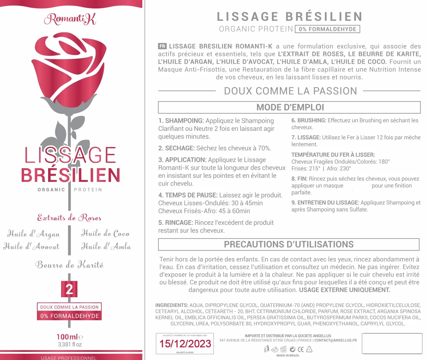 Romanti-K Kit Lissage Bresilien 2x100ml Professionnel Proteine de Tanin Sans Formol Keratine Pure