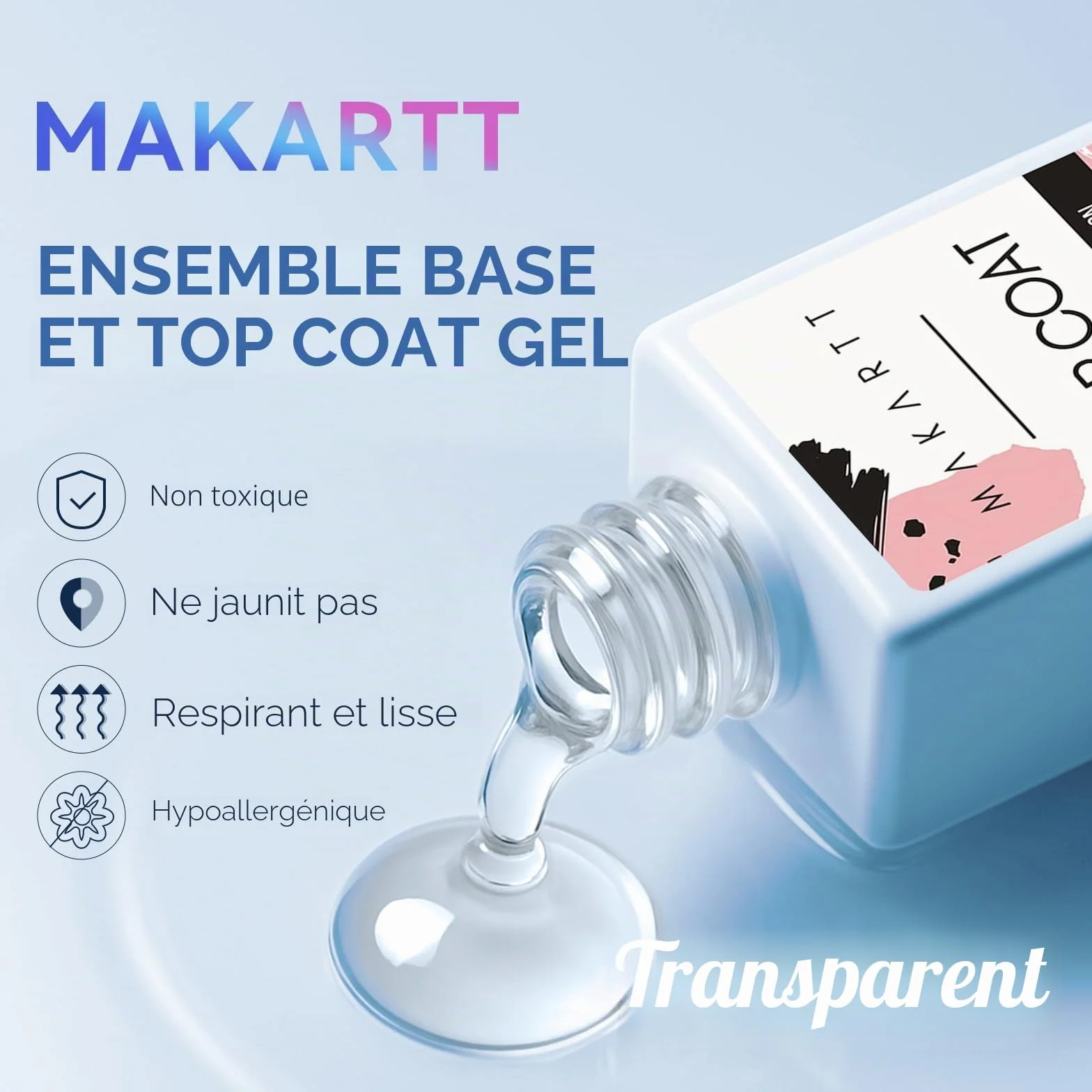 Makartt Top Coat Semi Permanent Base Top Coat Vernis à Ongles Gel Longue Tenue Finition Brillante Lampe UV LED Nécessaire 2Pcs