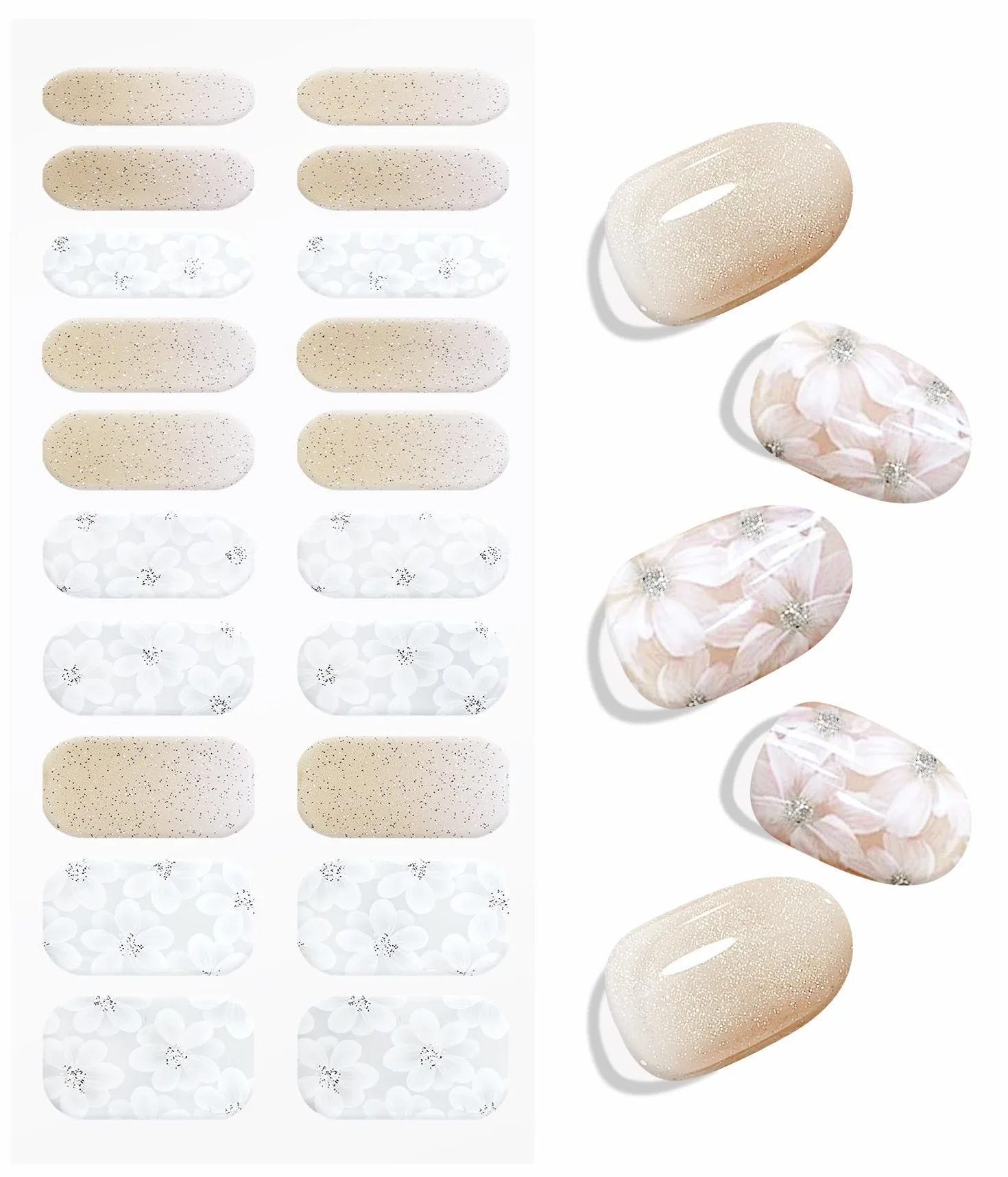 Autocollants pour ongles UV/LED motifs fleurs blanches pailletées semi-durci
