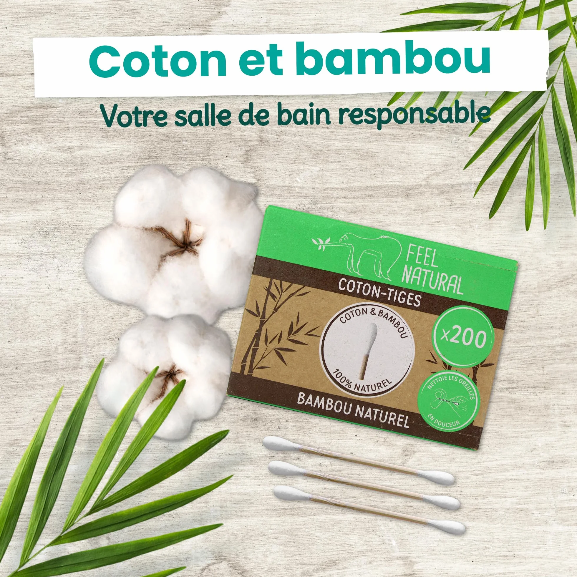 Bambou Feel Natural Coton Tige Bambou Boîte 200 Cotons Tiges Blanc Hygiène Oreille Démaquillage