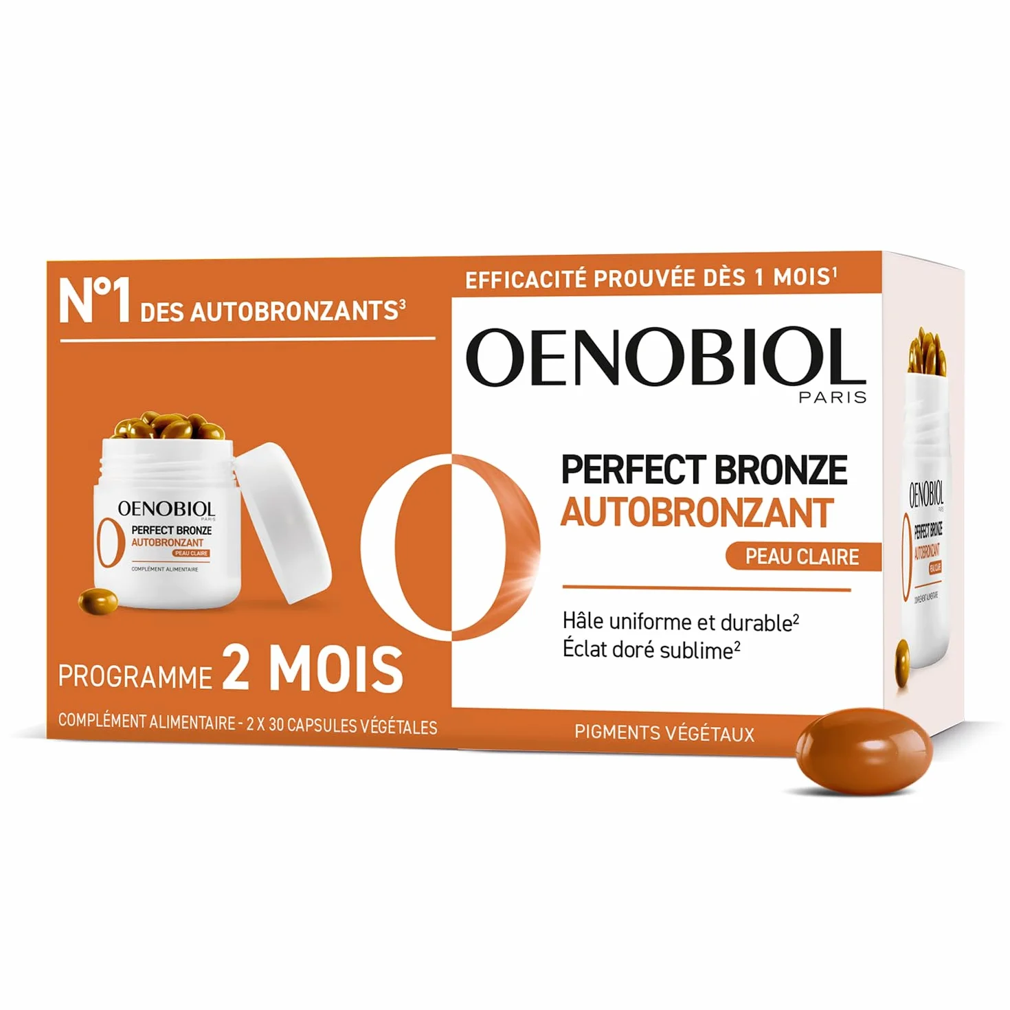 Oenobiol Autobronzant Peau Claire Perfect Bronze - Efficace Dès Le 1er mois sans soleil - Concentration de 5 pigments 100% d'origine végétale - Complément Alimentaire 2X30 Capsules - Programme 2 Mois