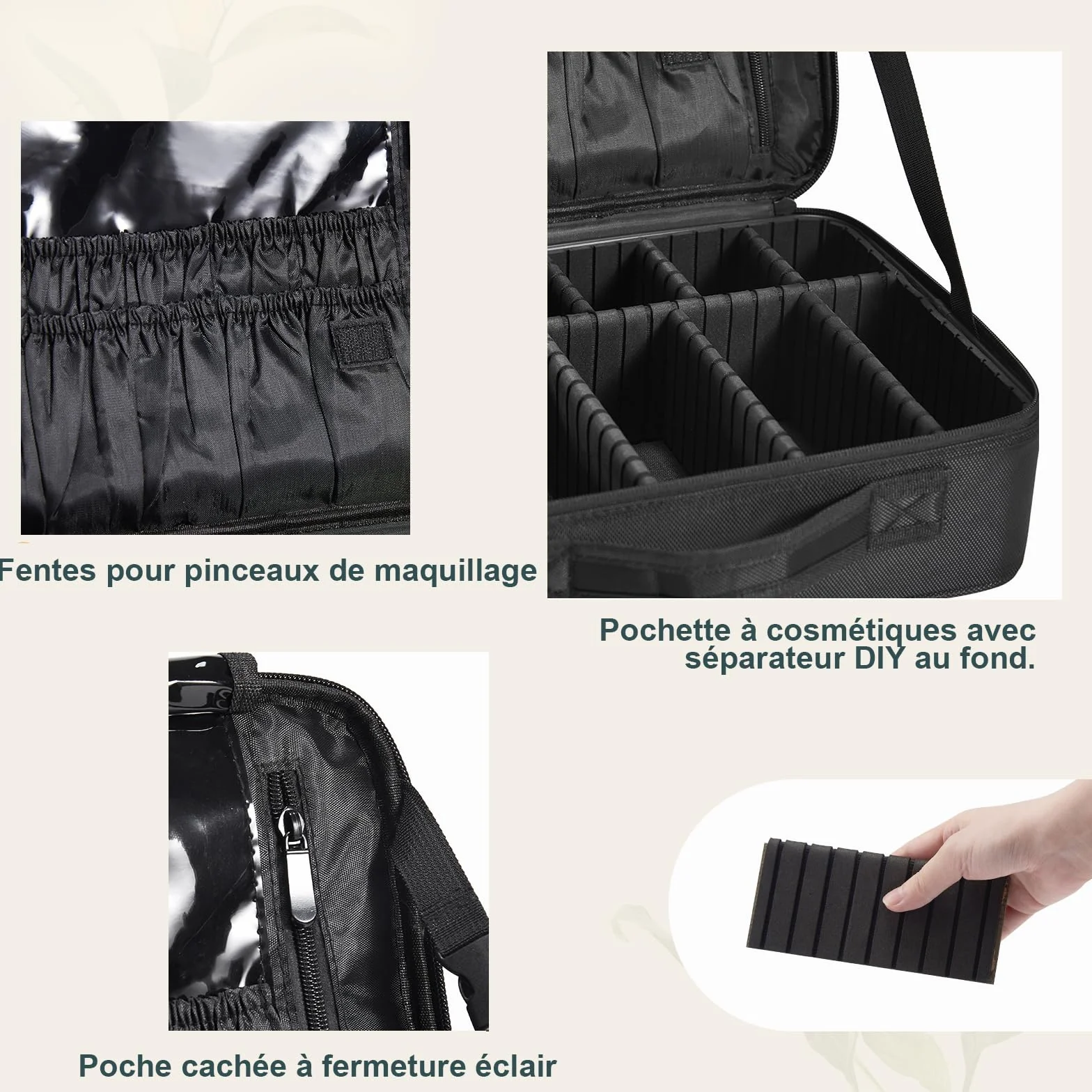 Trousse Maquillage Oxford Tissu Makeup Bag Sac Maquillage Femme Mallette à Ongles Rangement Organiseur Coiffure à Manucure Beauty Case de Voyage y Bandoulière Bijoux Boîte Professionnel, Noir