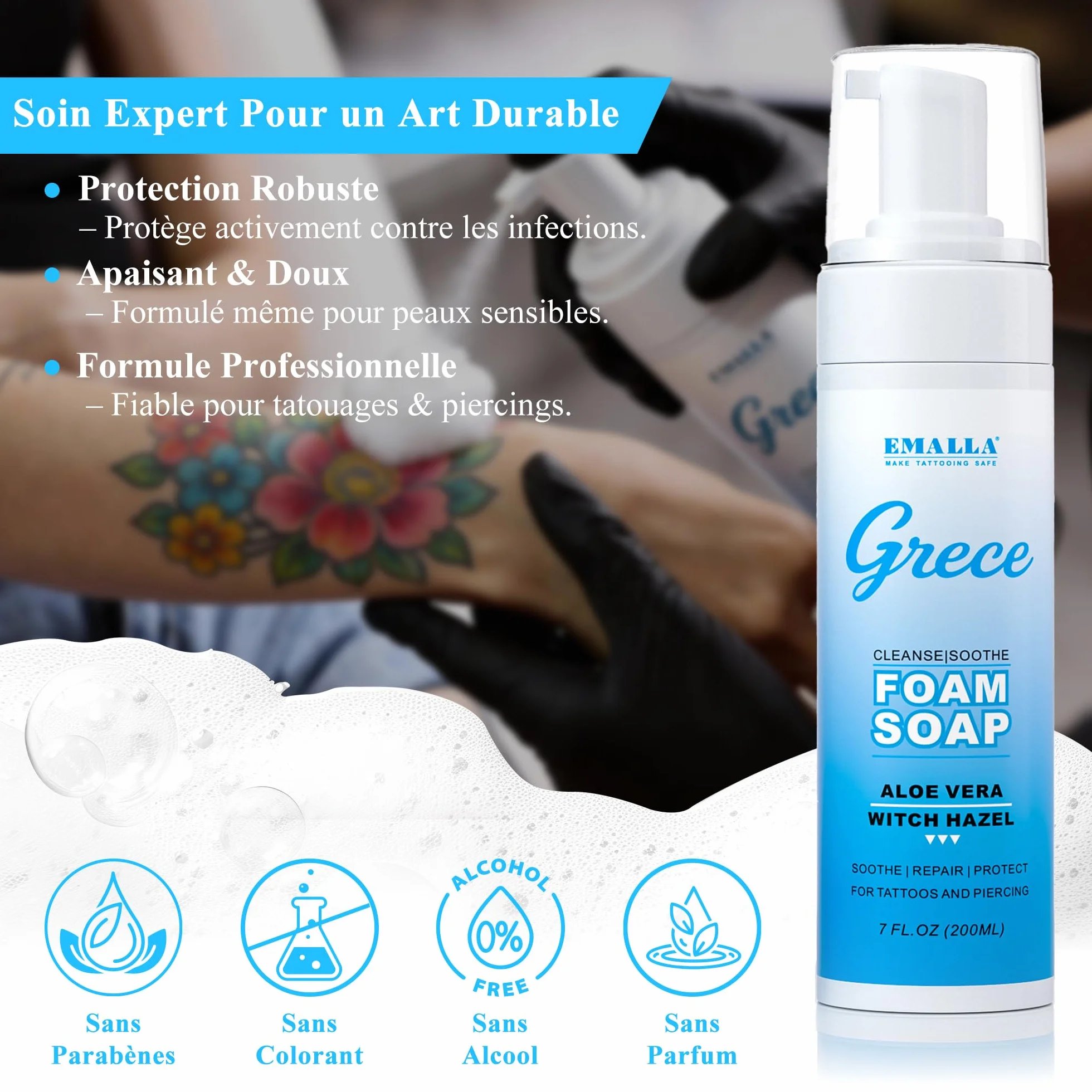 EMALLA GRECE Mousse de soin douce pour tatouage 150 ml sans savon aux extraits de plantes