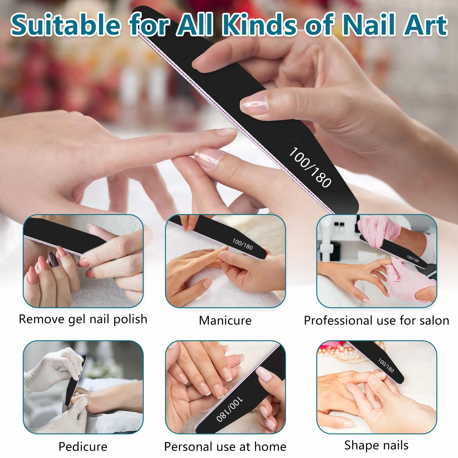 Lime à Ongles Professionnelle 100/180 Double Face 10pces Lavable Réutilisable Noir