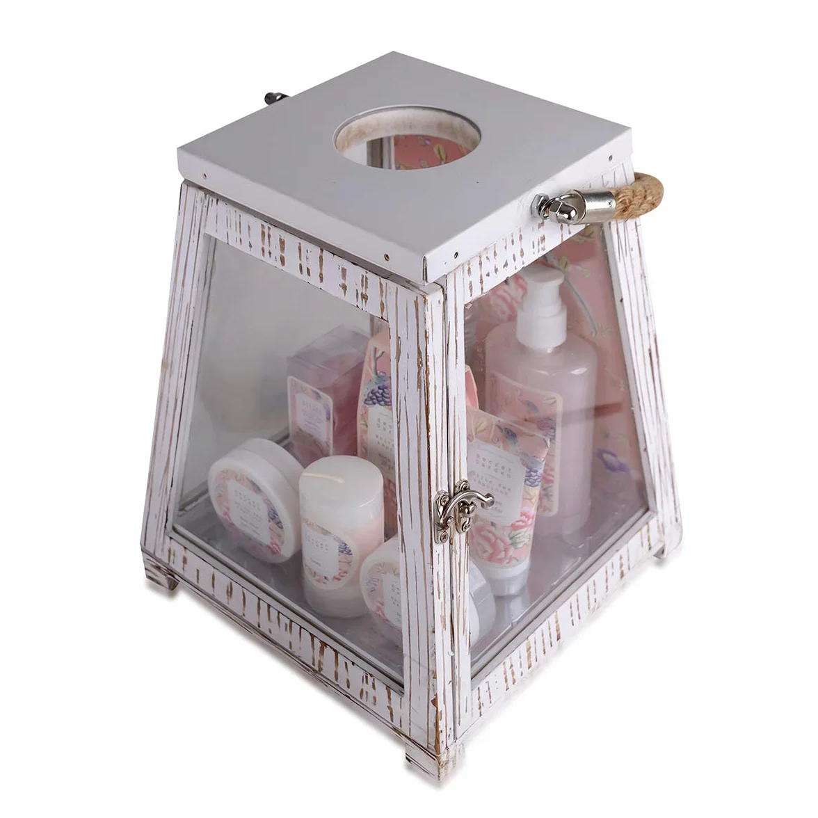 Coffret cadeau Accentra SECRET GARDEN dans une grande lanterne en bois, gel douche, bain moussant, gommage corporel, lotion pour le corps, crème pour les mains, sels de bain et bougie, pour femme