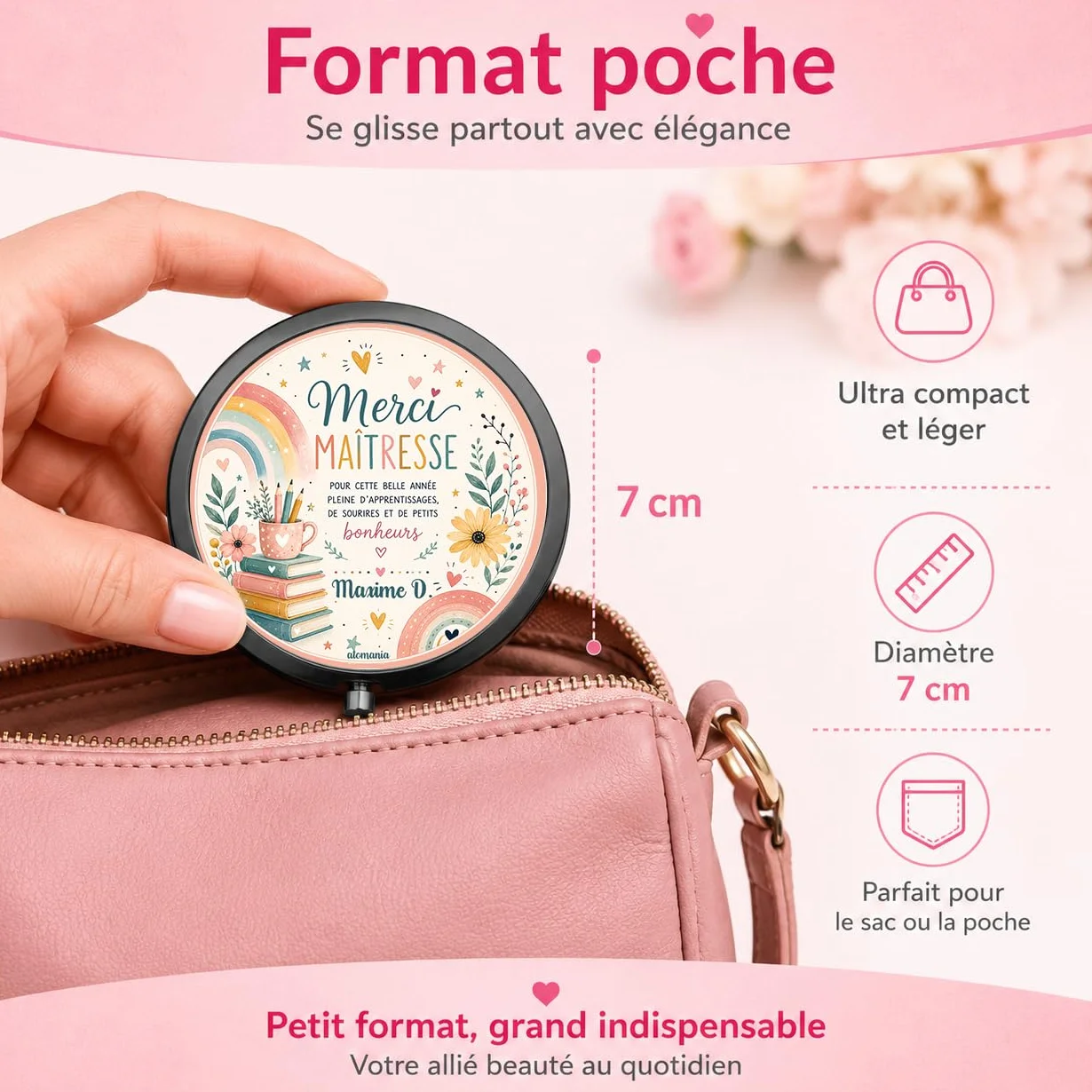 Miroir de Poche Personnalisé Merci Maîtresse – Cadeau Fin d'Année Scolaire – Miroir Compact Femme