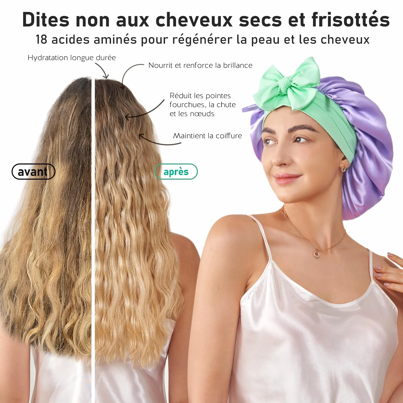 LitBear Bonnet de Nuit 100% Soie Mûrier pour Femmes, 6A 22 Momme, Grand Cache-Cheveux en Soie à Double Couche avec Bande à Nouer, Turban en Soie Antidérapant