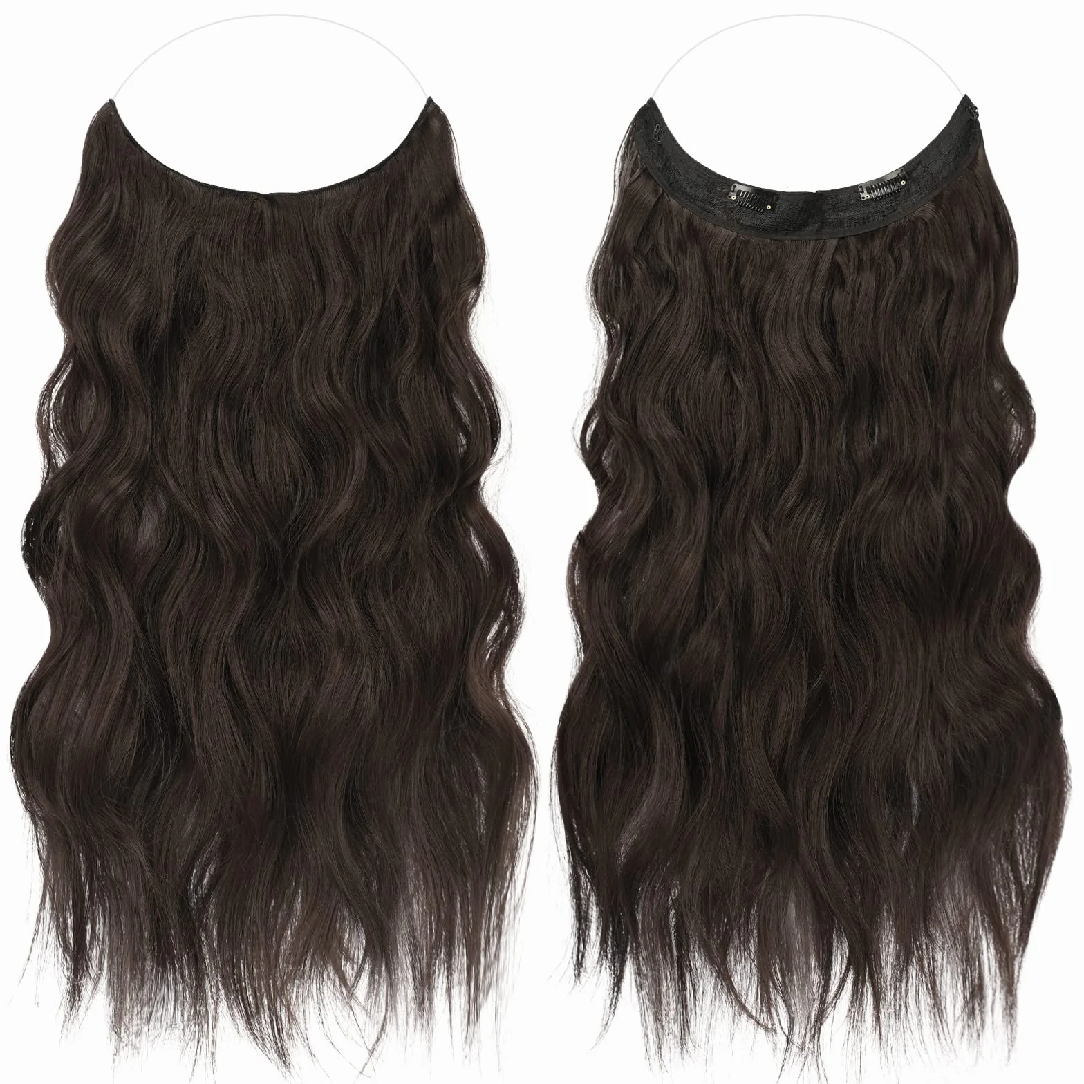 FESHFEN Extension Cheveux Fil Invisible Naturel - Longue Ondulés Fil Secrets Wire Hair Extensions Brun Foncé Synthétique Rajout Cheveux pour Femme, 50 cm