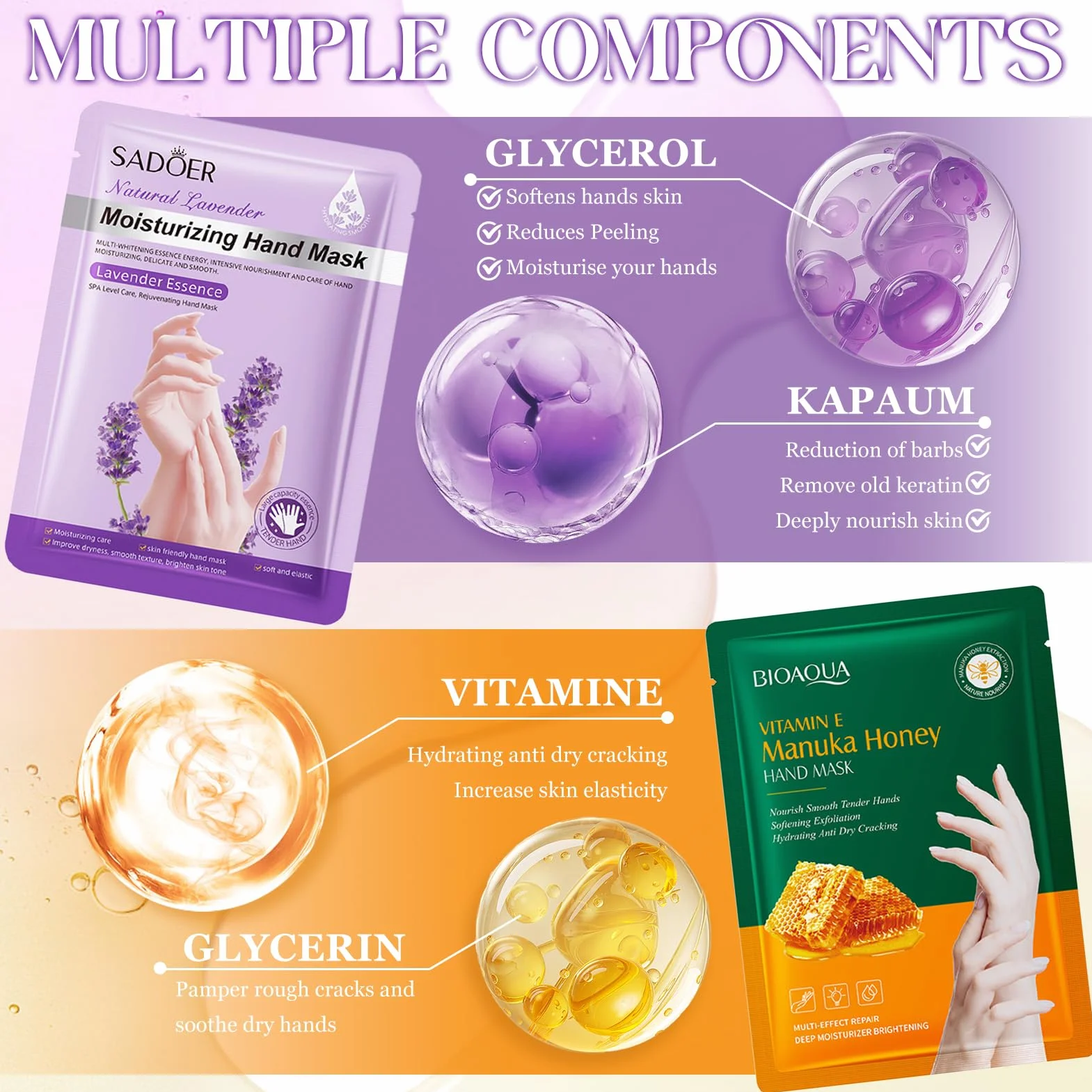 Masque Main Hydratant Miel Lavande 6 Paires Gants Hydratants pour Peau Sèche et Craquelée (Vert)