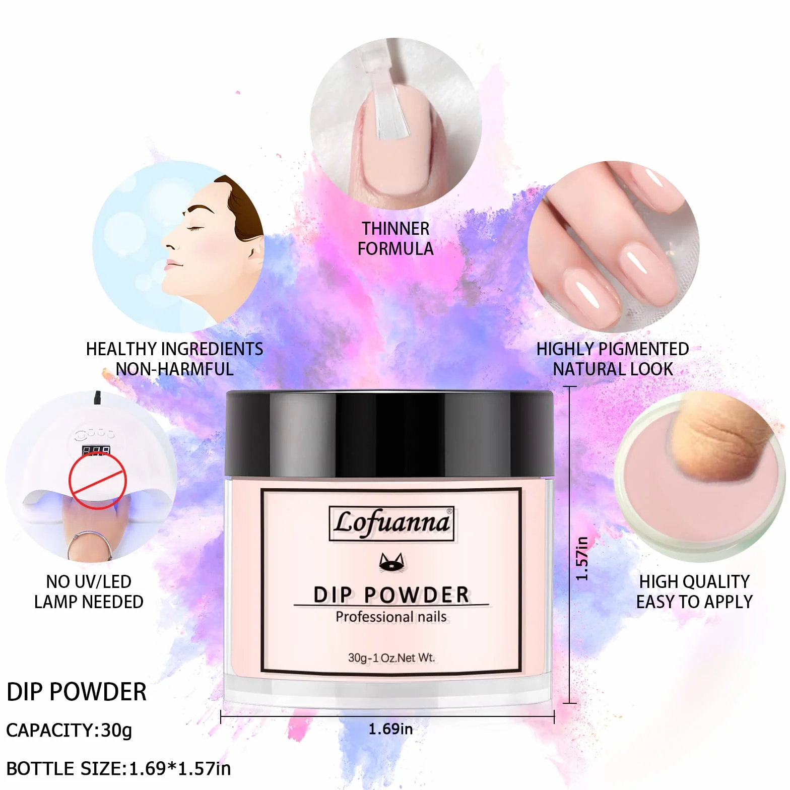 Lofuanna Kit de Poudre de Tremper 30g Nu pour Ongles avec Base Top Coat Activateur Brush Saver