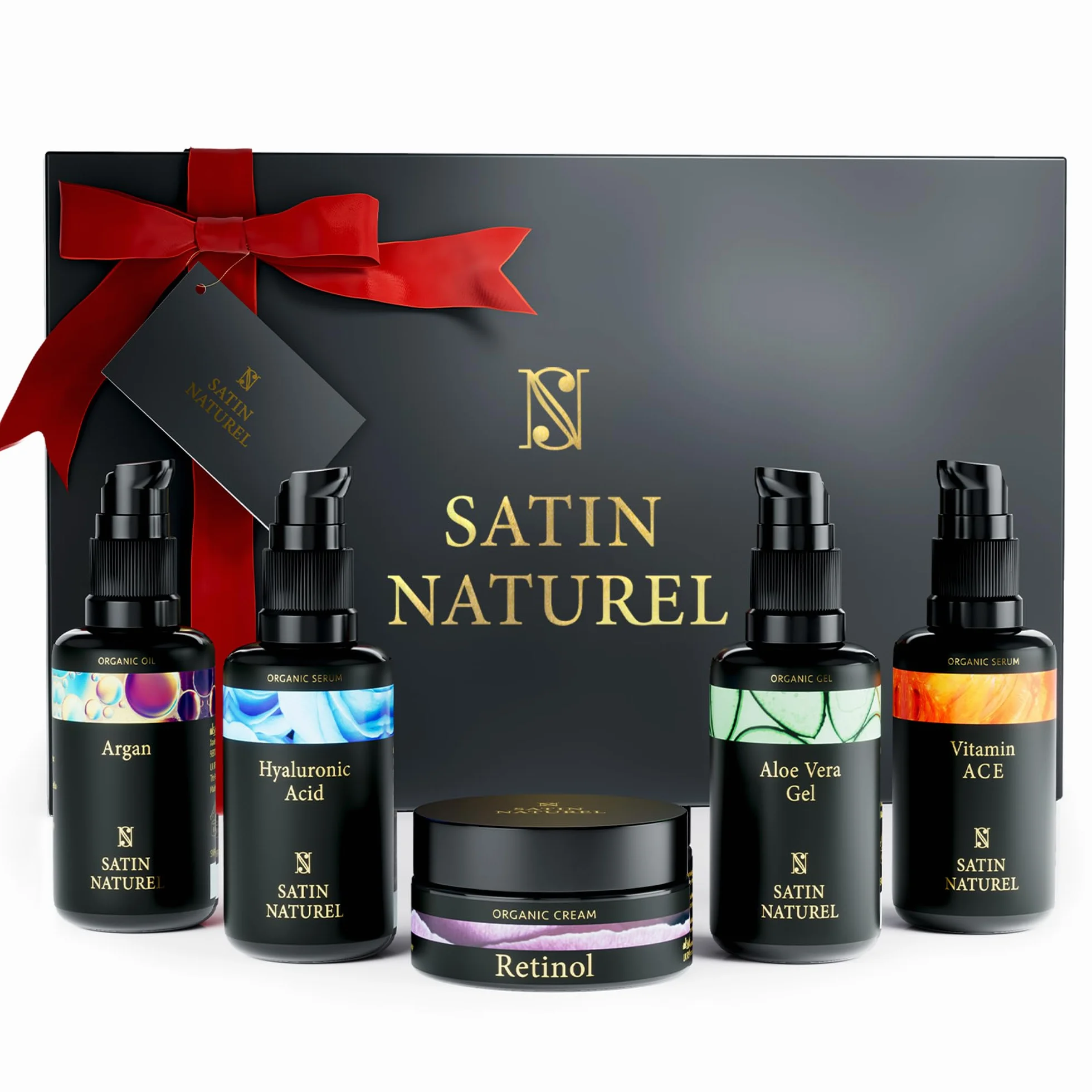 Satin Naturel Coffret Cadeau Femme 5x30ml Sérums Vitamine C Acide Hyaluronique Huile d'Argan Bio Gel Aloe Vera Crème Hydratante Visage Soins Visage Anti-Âge