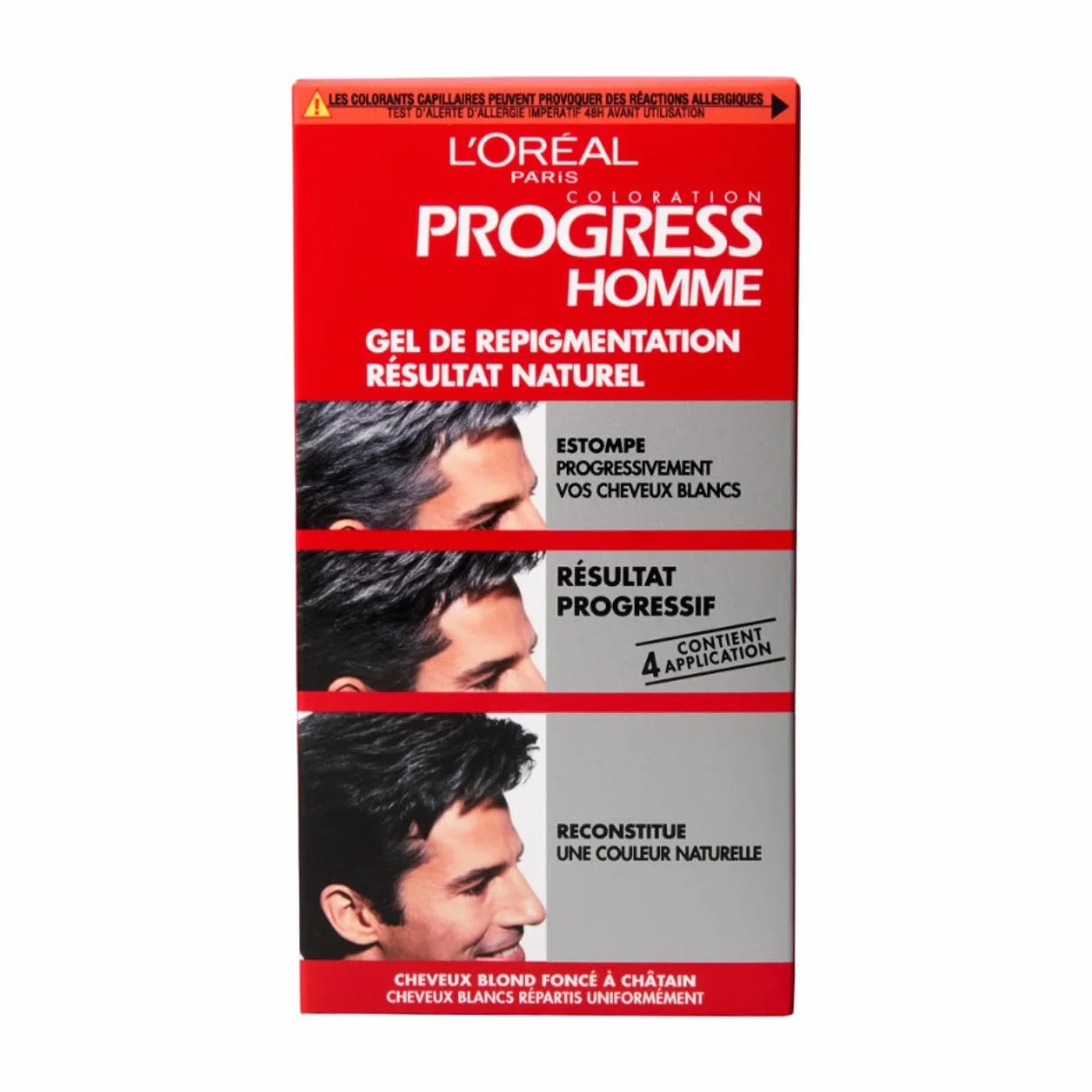 L'Oréal Paris - Gel de Repigmentation Sans Ammoniaque - Coloration des Cheveux Blancs pour Hommes - Résultat Naturel sur Tous Types de Cheveux - Contient 4 Applications - Progress Homme