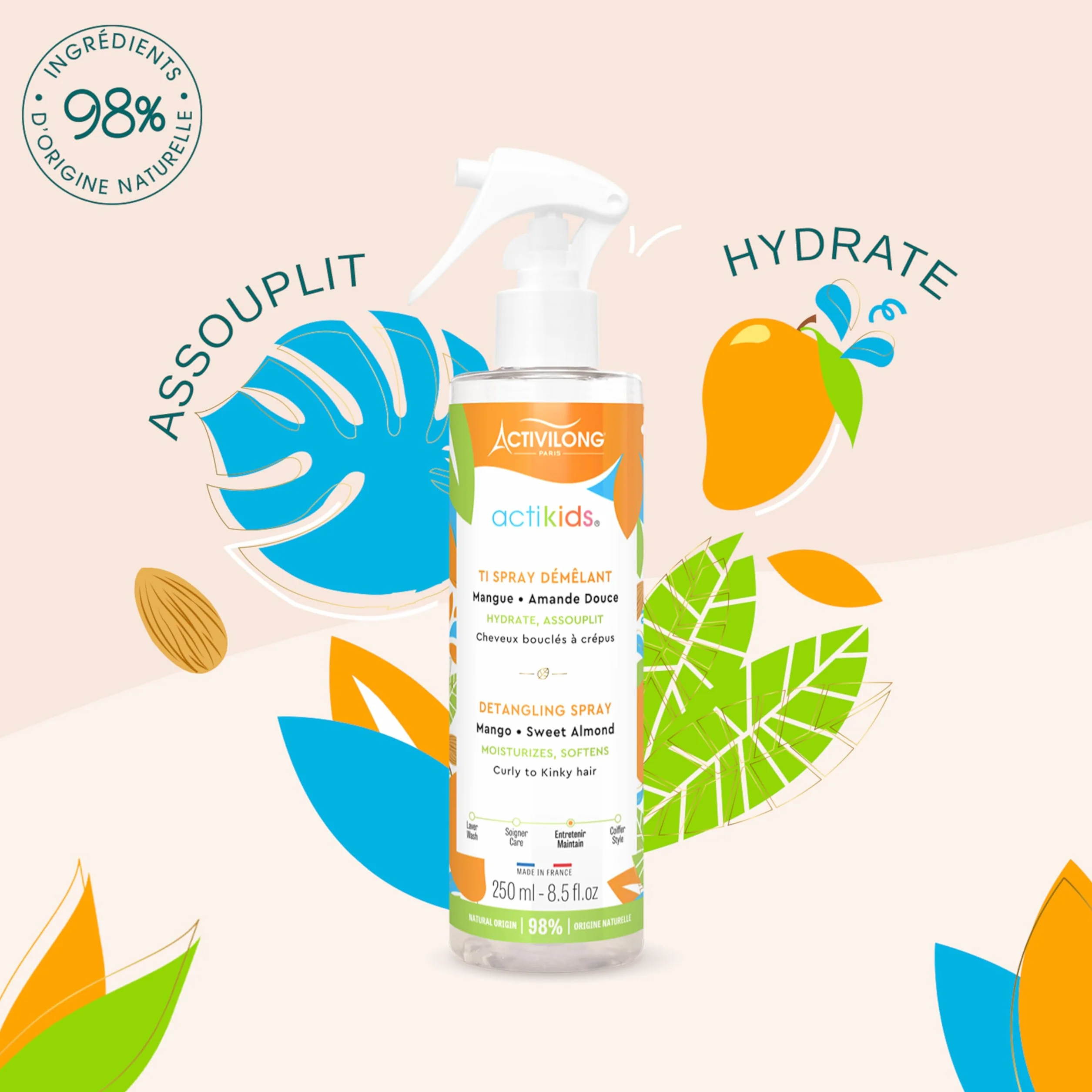 ACTIVILONG Ti Spray Démêlant Actikids Cheveux Bouclés 250ml Amande Douce Mangue 98% Naturels Vegan