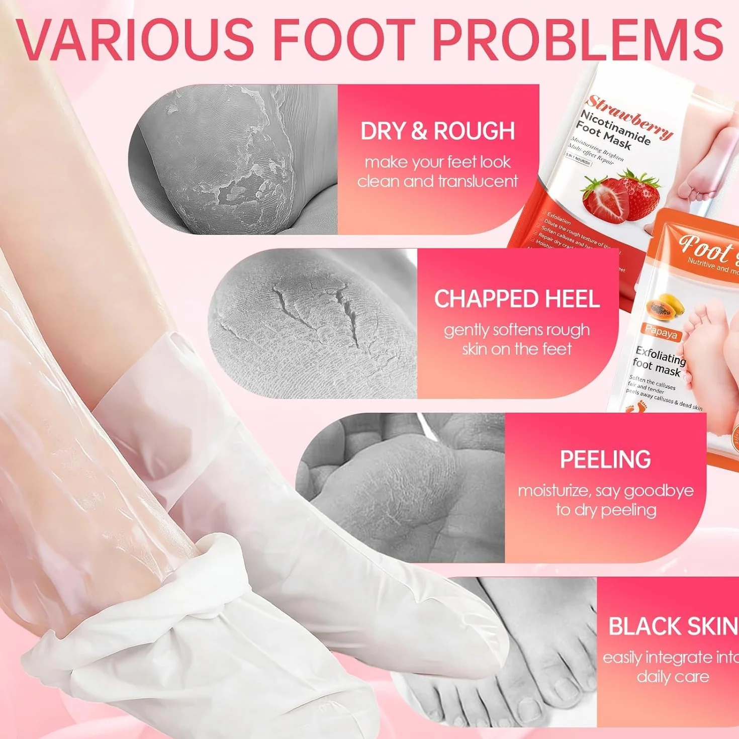 Masque Pied Exfoliant 2 Paires, Chaussette Exfoliante Pieds Secs Abîmés, Hydratation Profonde Fraise Papaye