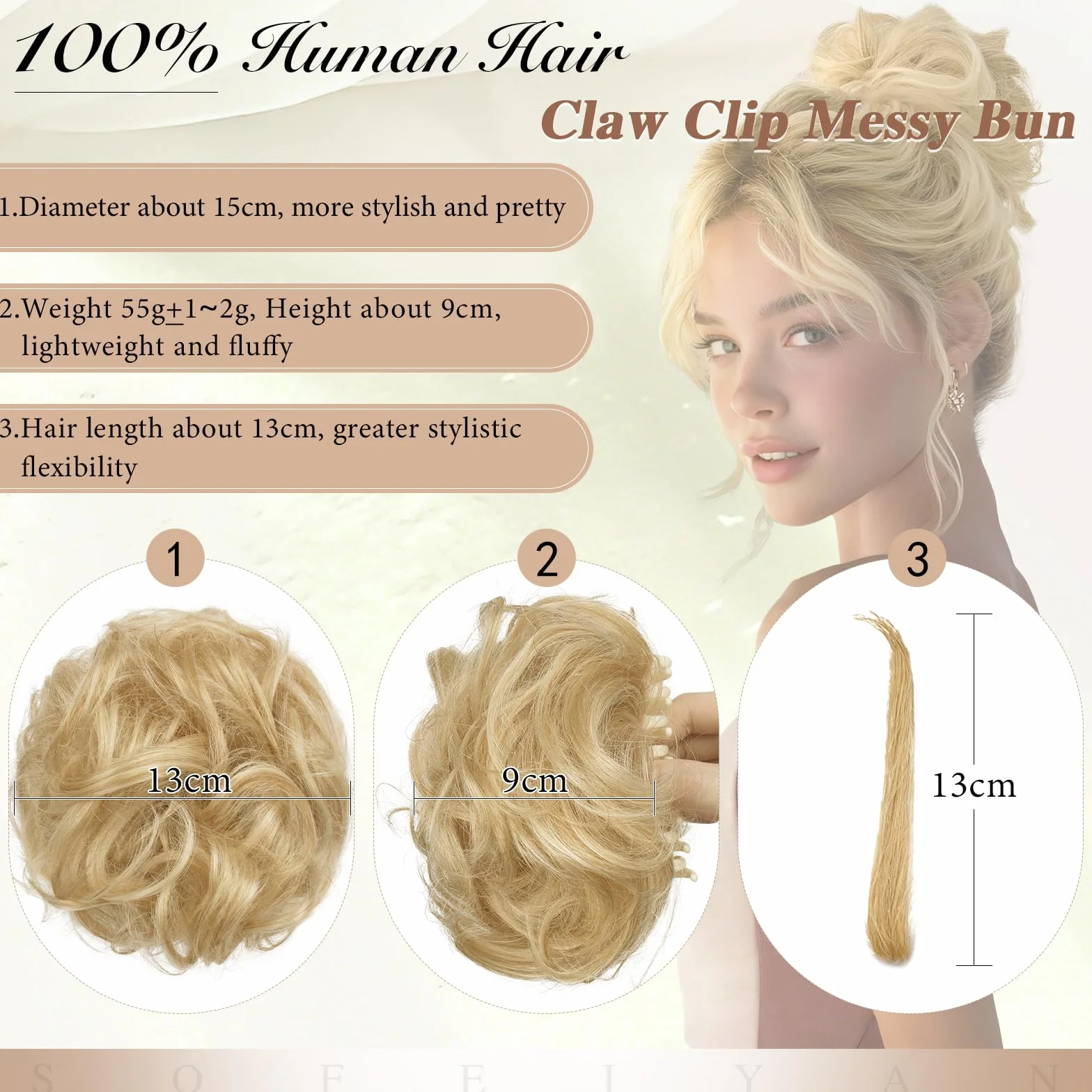 Sofeiyan Chignon en Cheveux Humains,Postiche Bouclé Messy Bun avec Pince,Extensions de Cheveux Bouclés Naturel Clip Bun pour Femmes, Clip in Claw Scrunchies(Blond Beige avec Reflets Blond Clair)