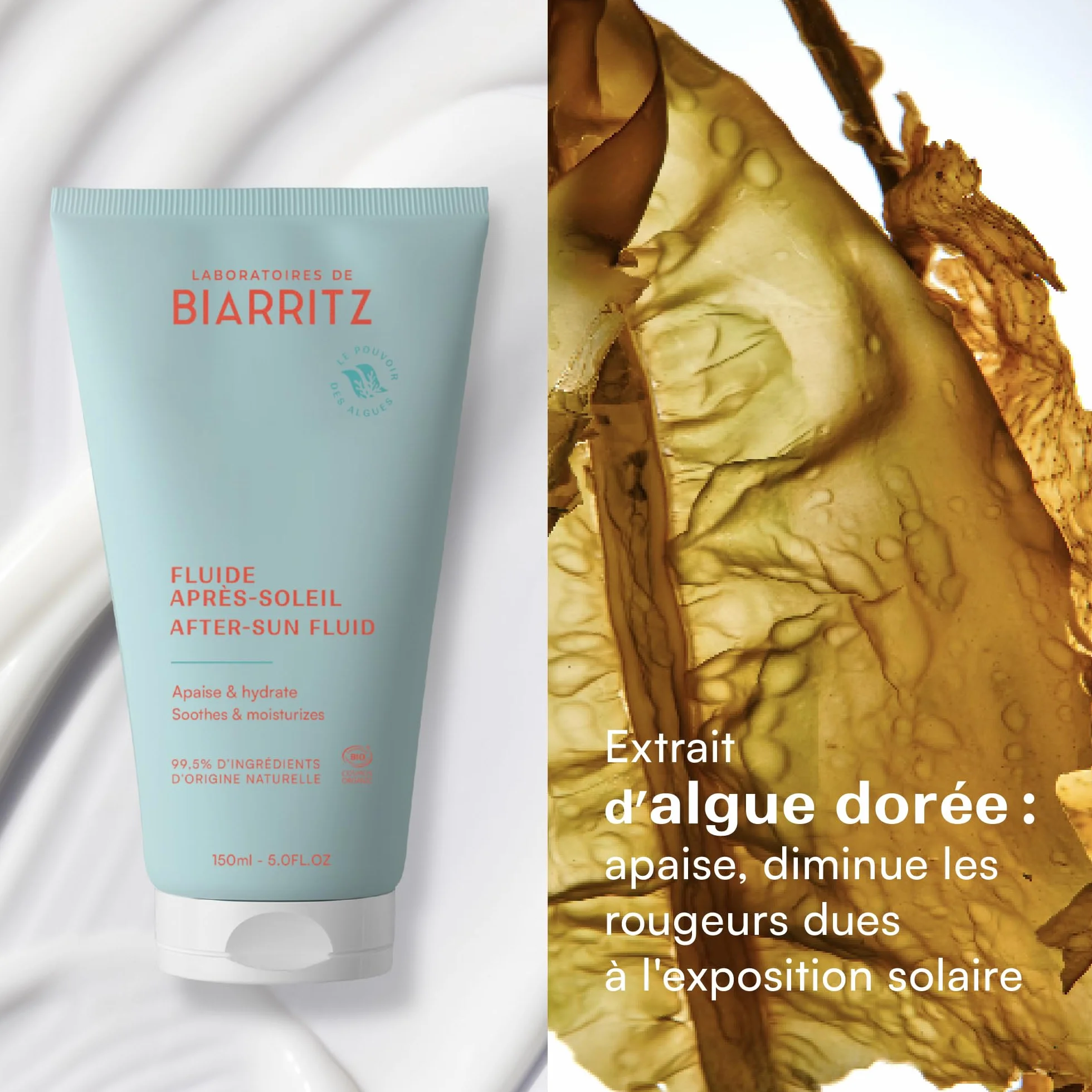 Laboratoires de Biarritz Fluide Après-Soleil Certifié Bio Hydrate et Apaise Visage et Corps 150 ml