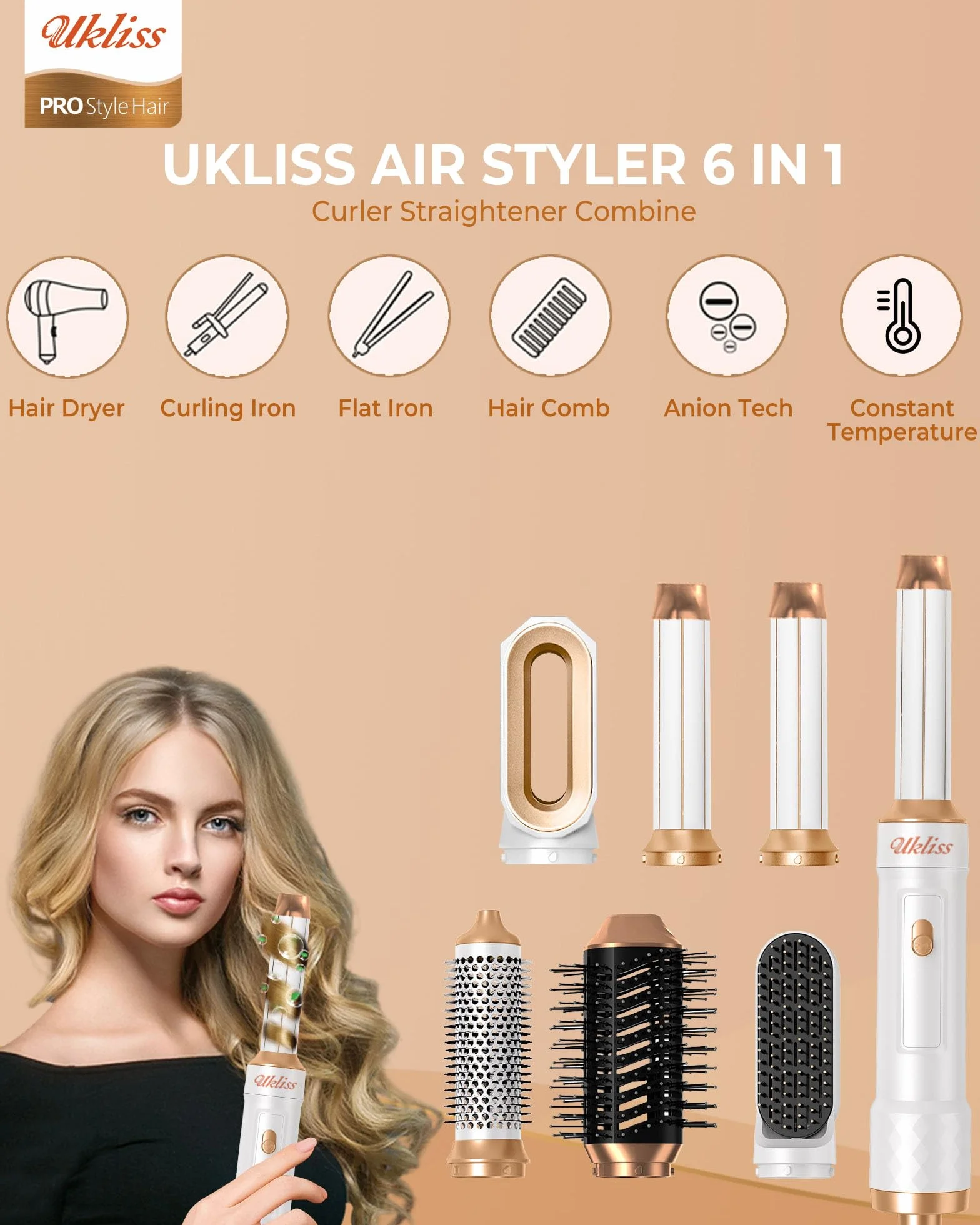 UKLISS Airbrush 6 en 1 Sèche Cheveux Professionnel 1000W Boucleur Automatique Brosse Soufflante Blanc
