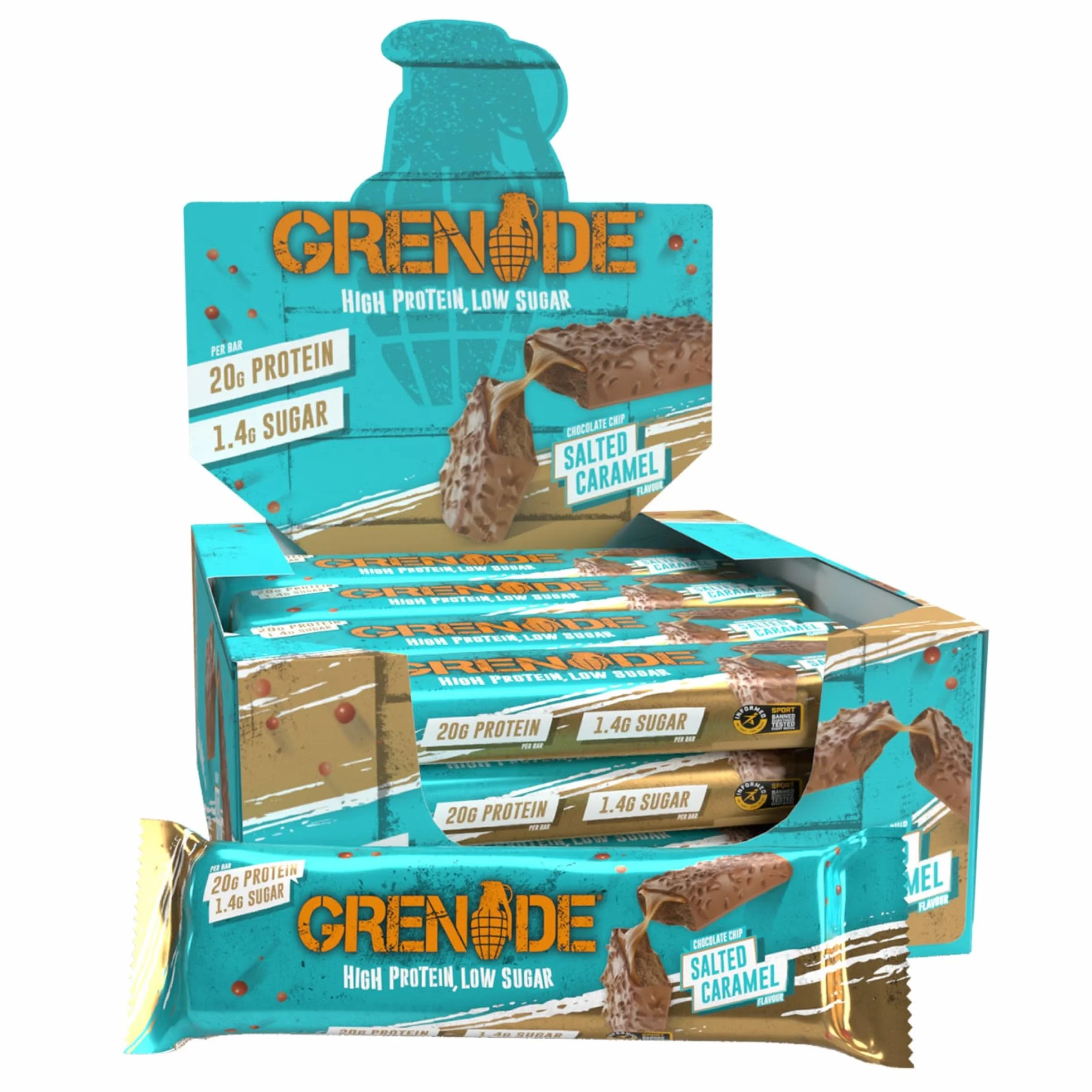 Grenade Barre Hyperprotéinée Faible Teneur en Glucides Chocolat Caramel Salé 12 x 60 g