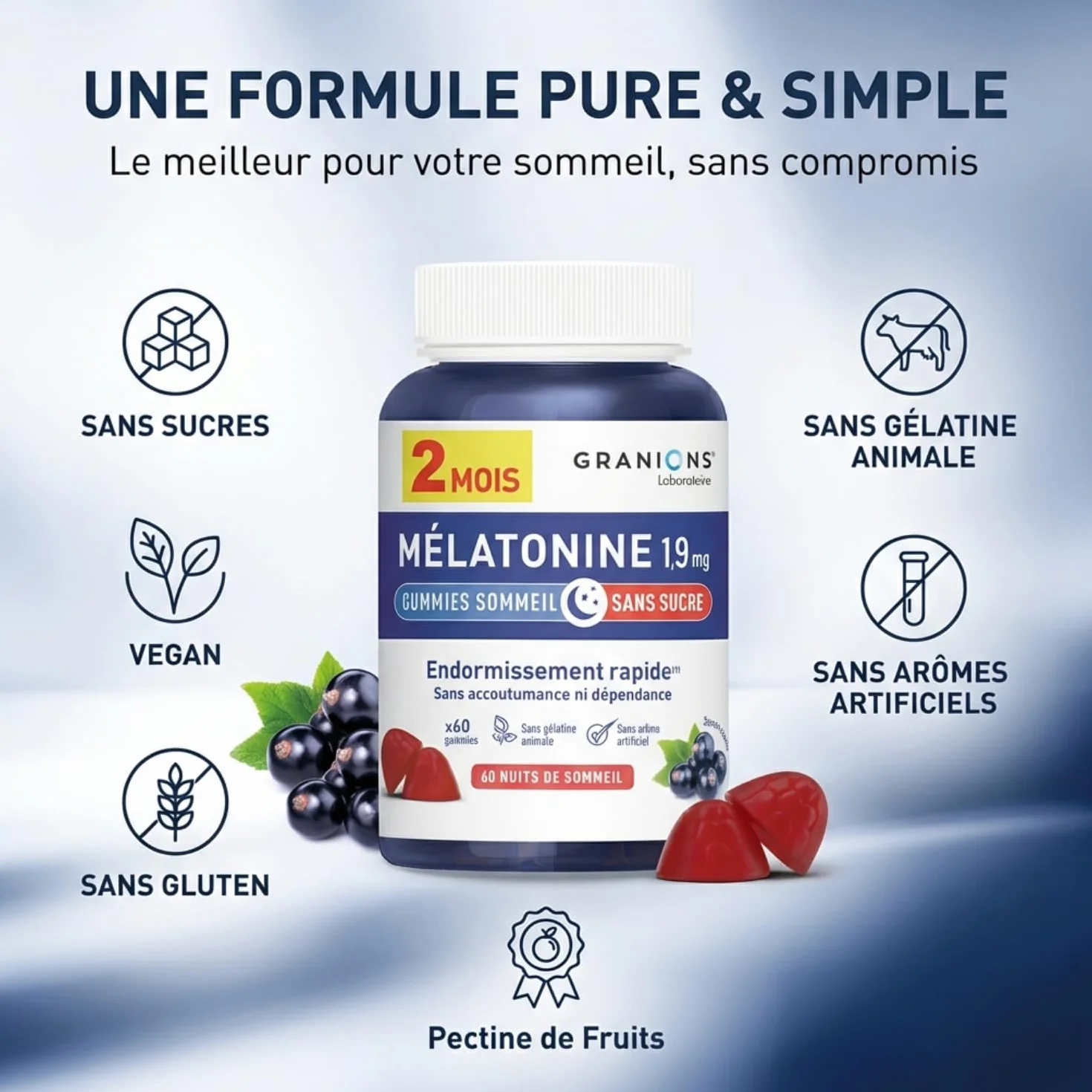 GRANIONS Gummies Sommeil Melatonine 1,9 mg Complément Alimentaire Adulte Vegan Sans Sucres 60 Gummies
