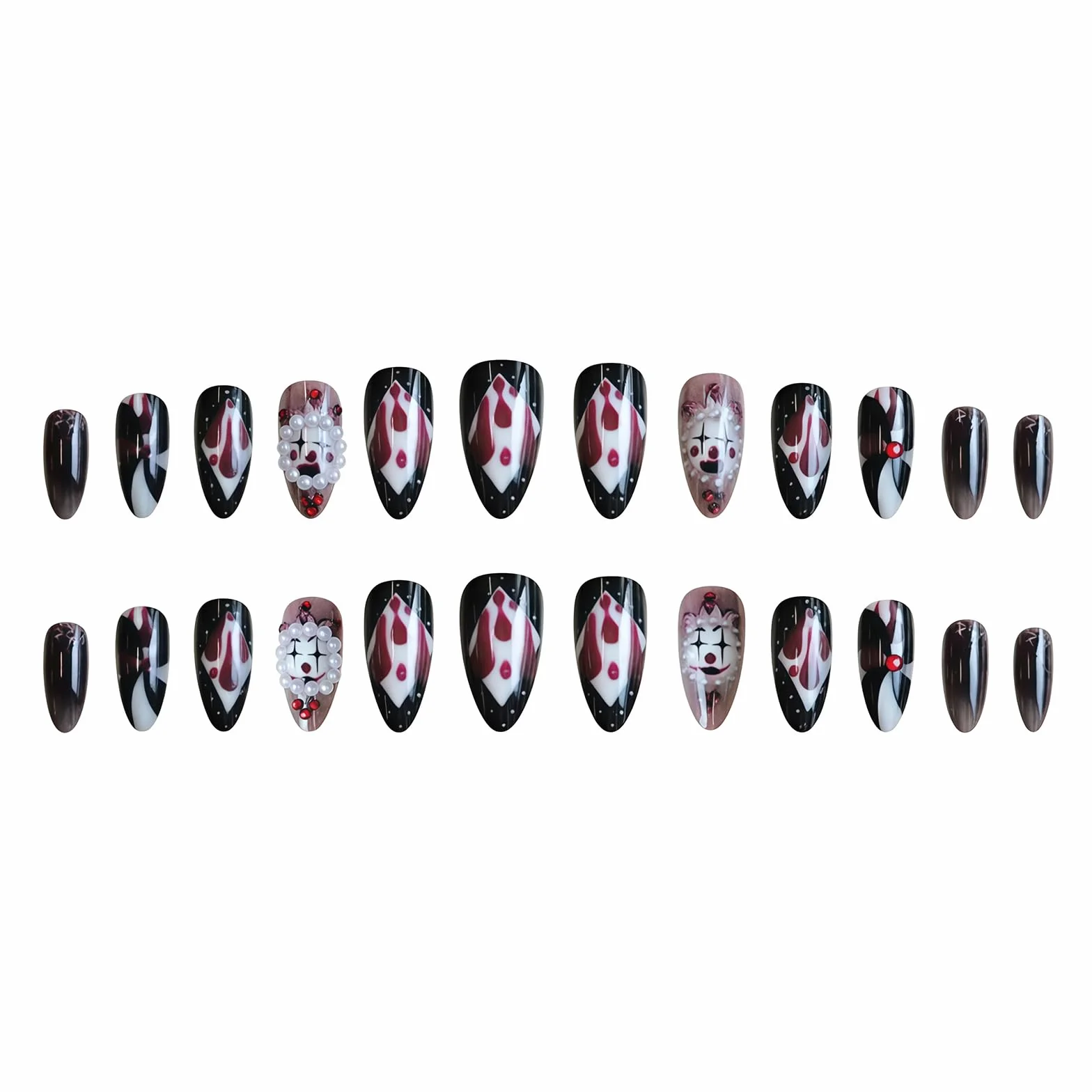 Yamobi Lot de 24 faux ongles à coller motifs clown cirque joker poker gel Y2K deux pointes